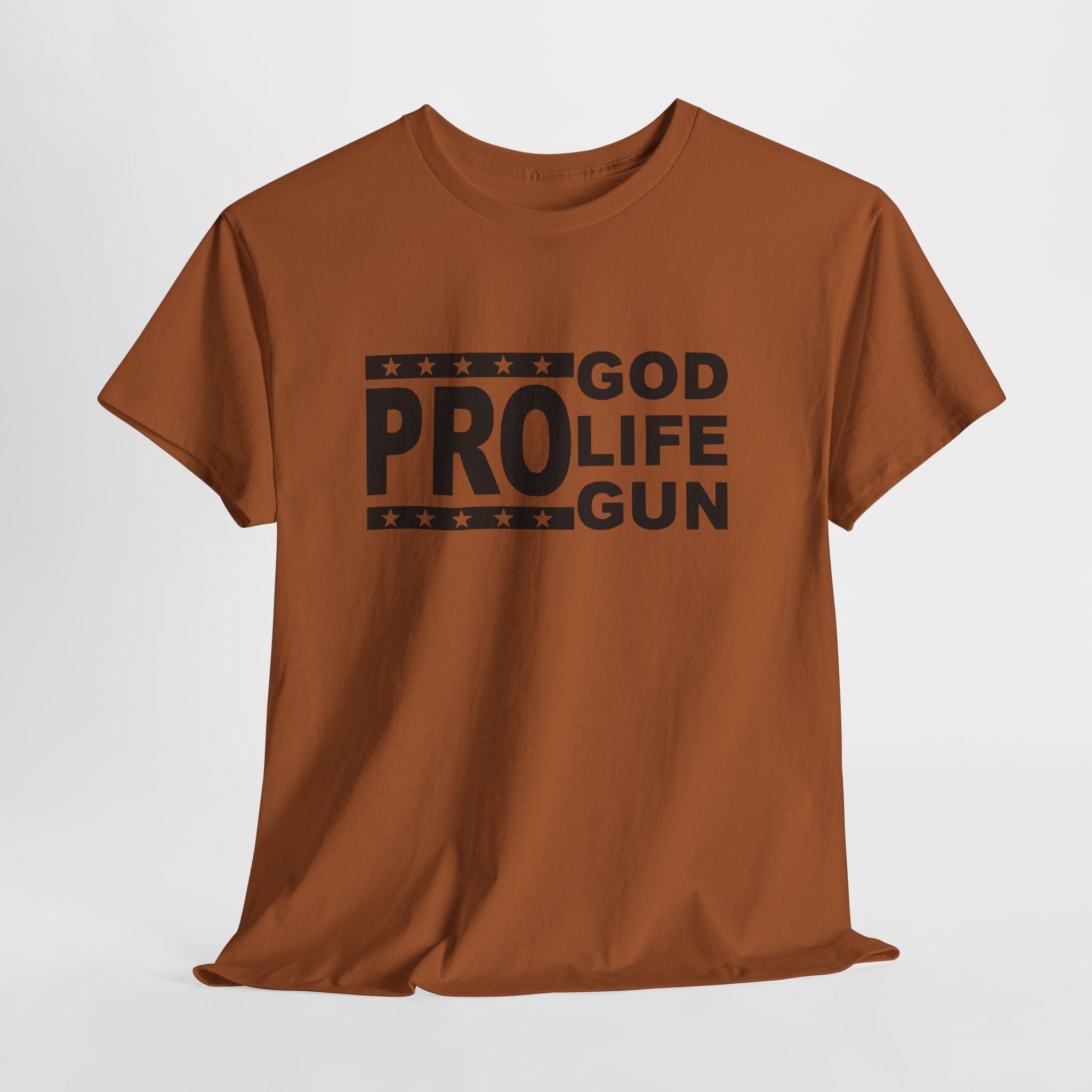 Brown t-shirt with black text on a white background