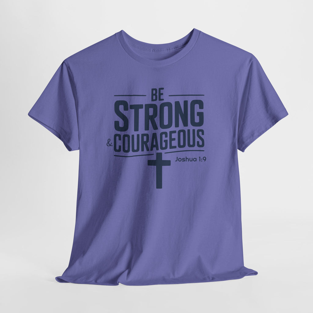 Purple t-shirt with 'Be Strong & Courageous' text and cross on a light gray background