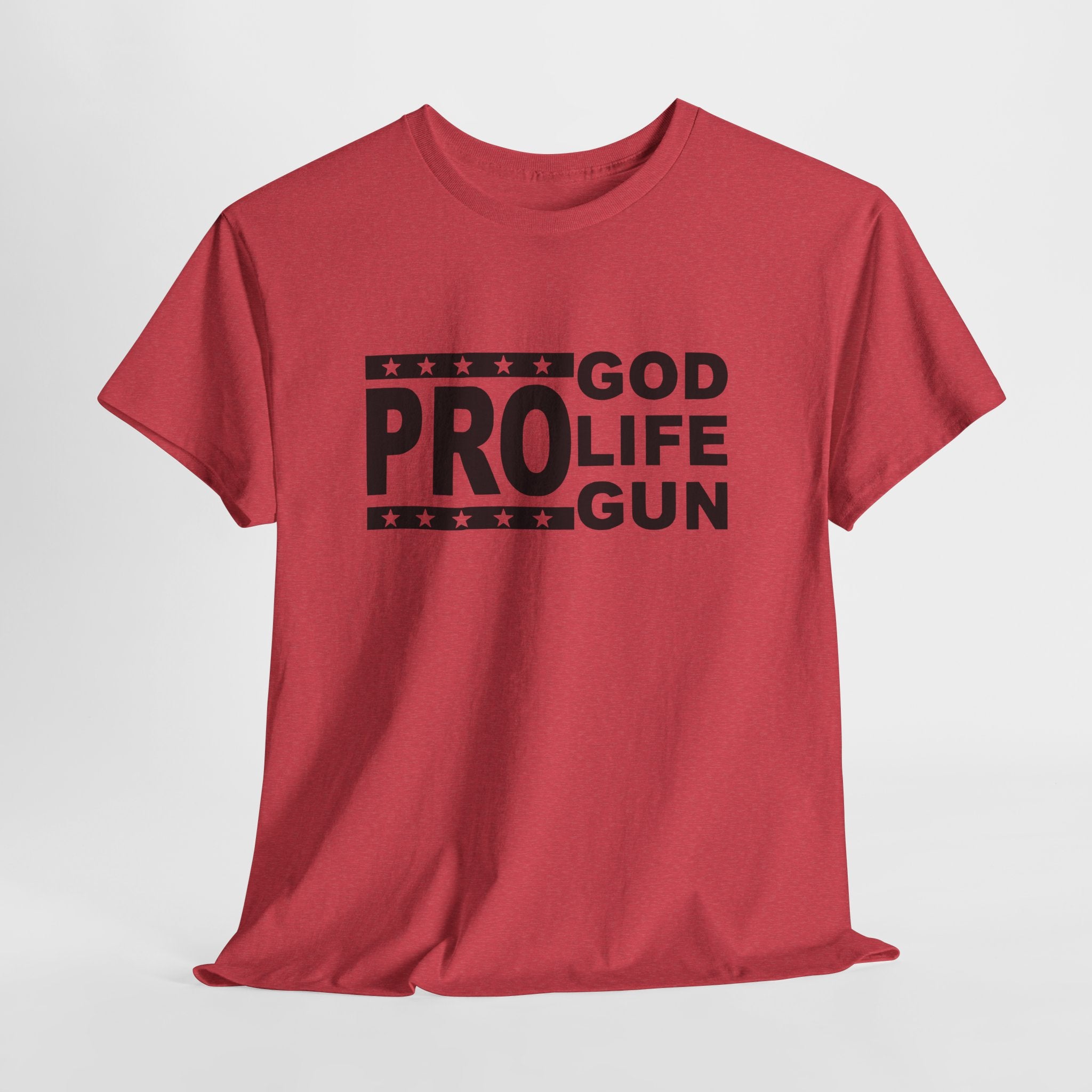 Red t-shirt with black text 'PRO GOD LIFE GUN' on a white background