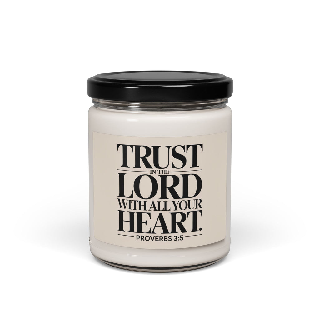 Candle jar with 'Trust in the Lord with all your heart' text on a white background