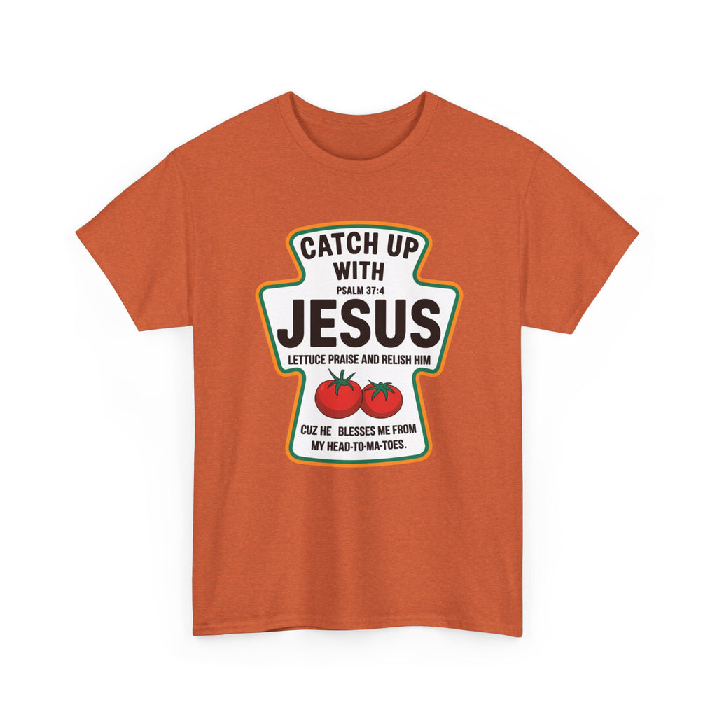 Orange t-shirt with a graphic design featuring text and tomatoes on a white background