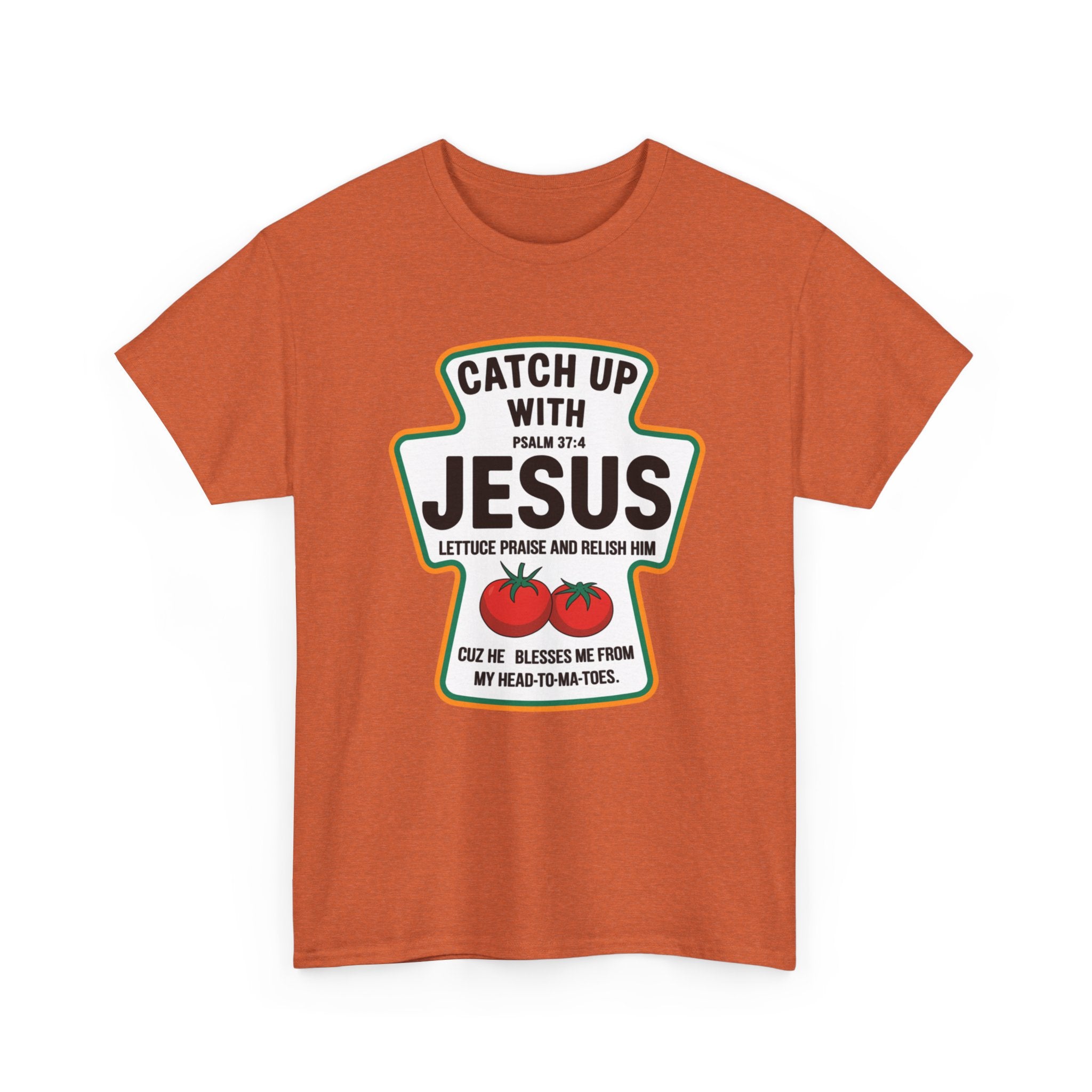 Orange t-shirt with a graphic design featuring text and tomatoes on a white background