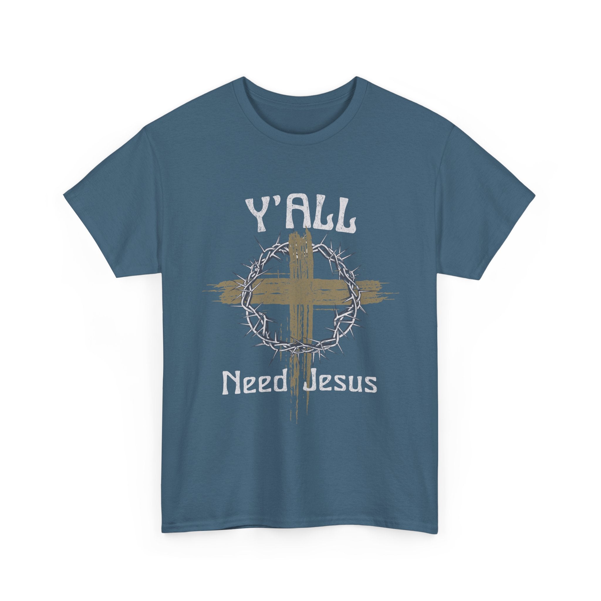 Blue t-shirt with a cross and 'Y'all Need Jesus' text on a white background