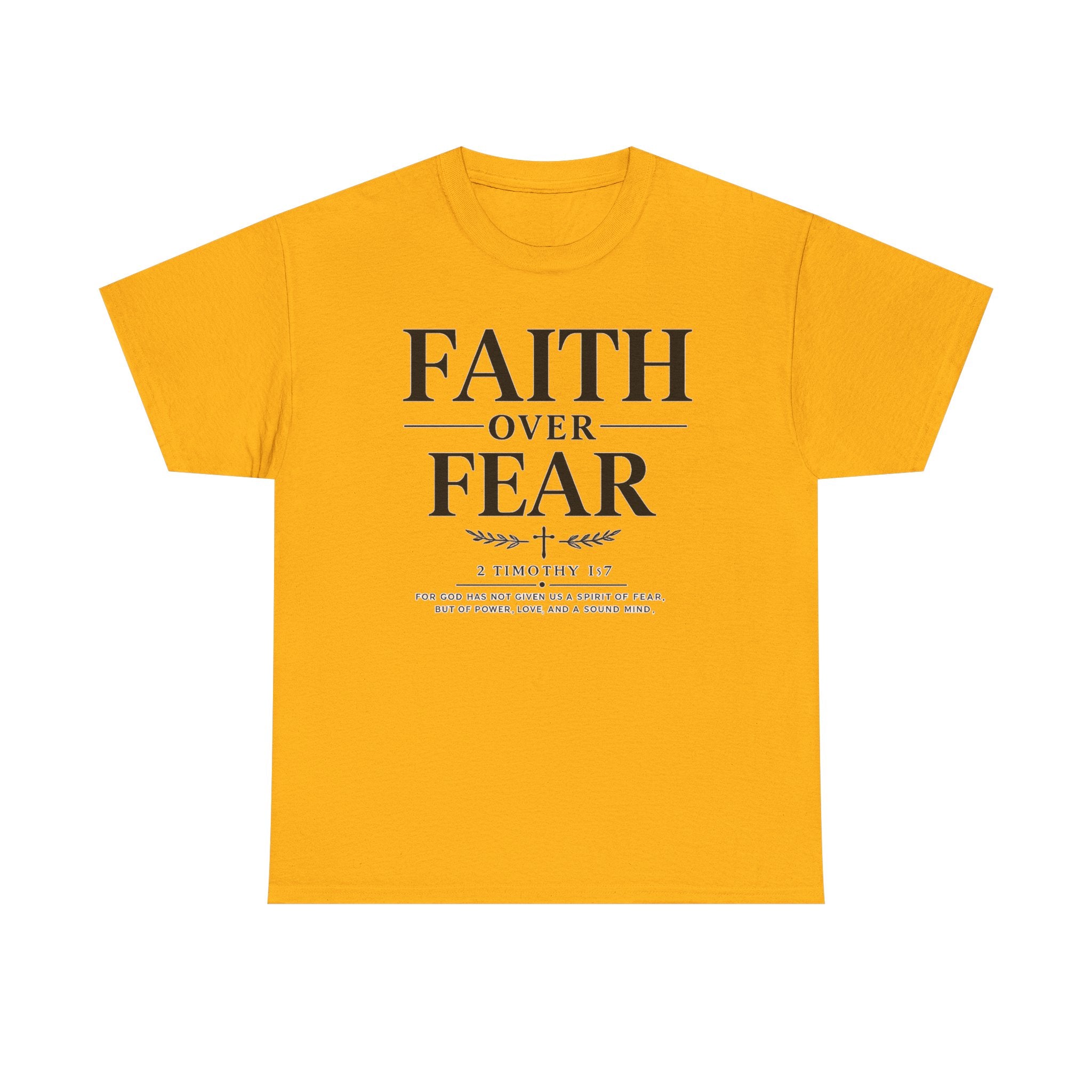 Yellow t-shirt with 'Faith Over Fear' text on a white background