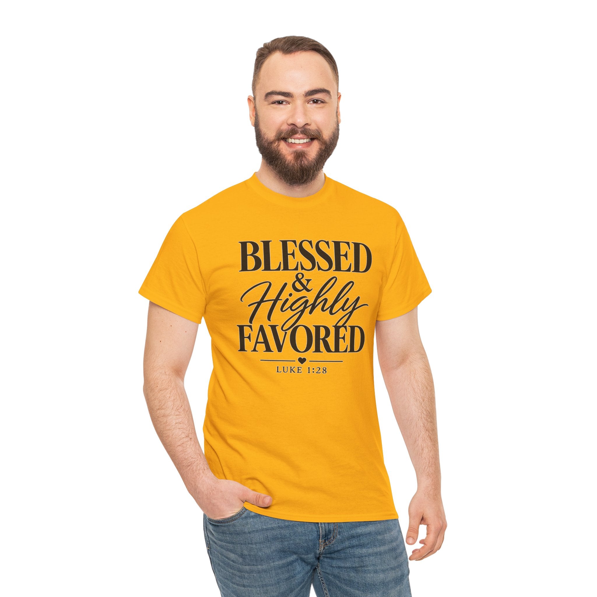 Man wearing a yellow t-shirt with a graphic and text on a white background