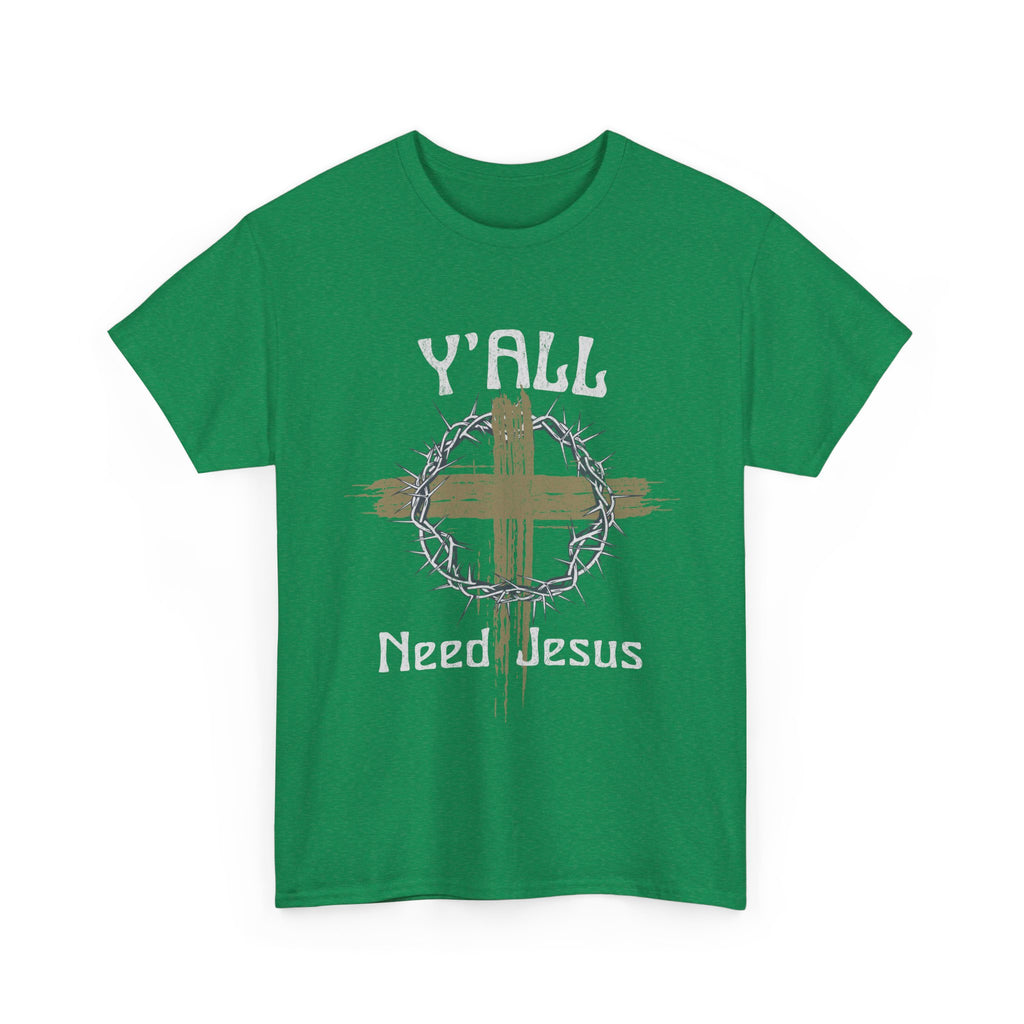 Green t-shirt with a cross and crown of thorns design on a white background