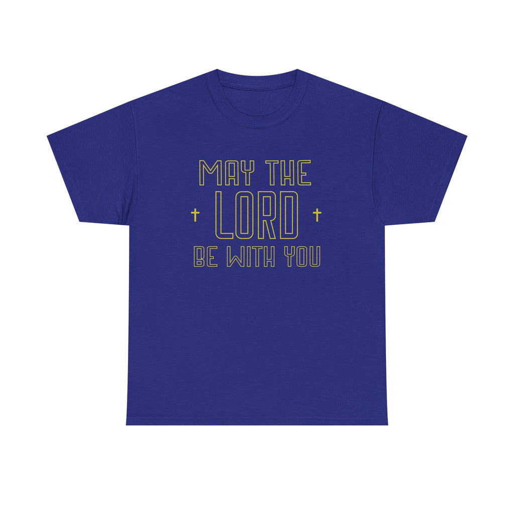 Blue t-shirt with 'May the Lord be with you' text on a white background