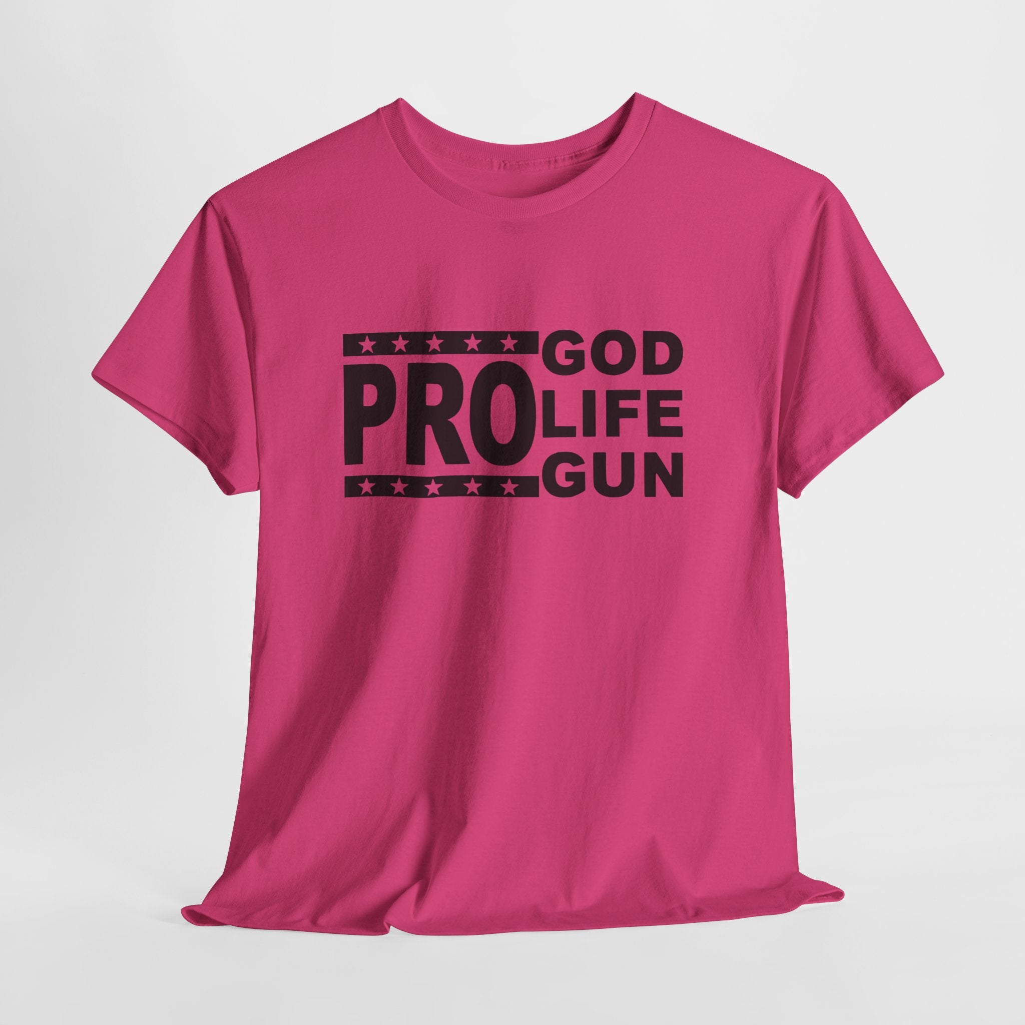 Pink t-shirt with black text on a white background