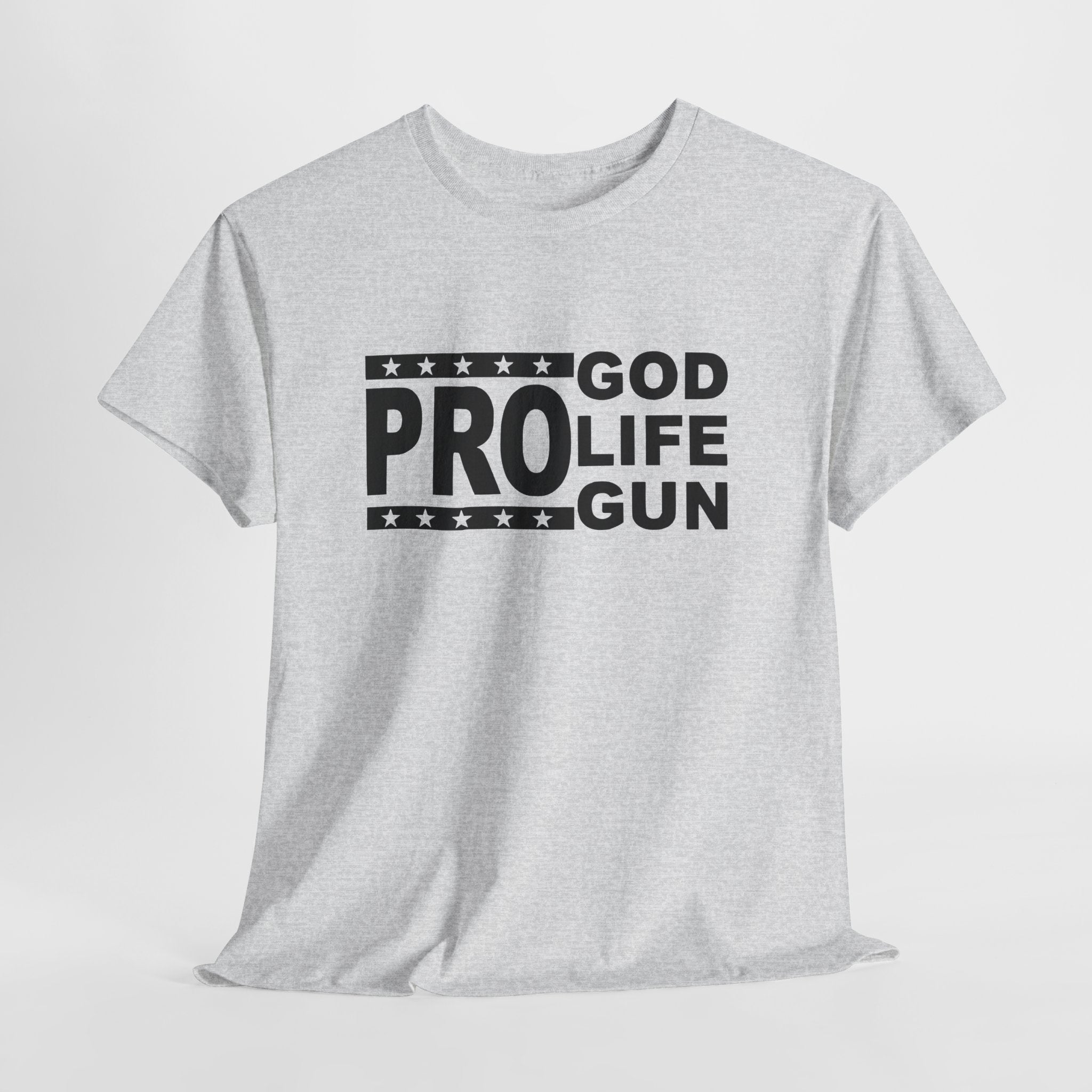 Gray t-shirt with black text 'GOD PRO LIFE GUN' on a white background