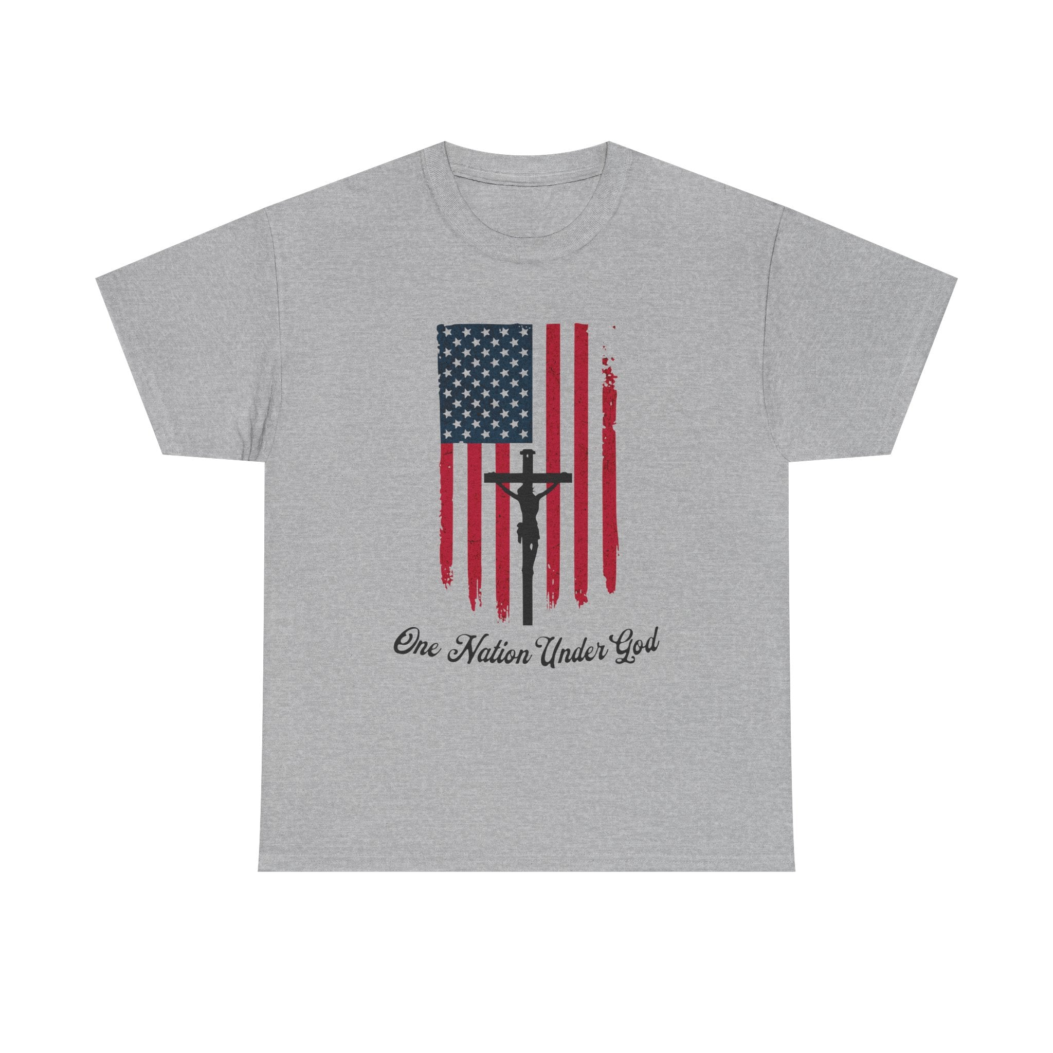 Gray t-shirt with American flag and crucifix design on a white background