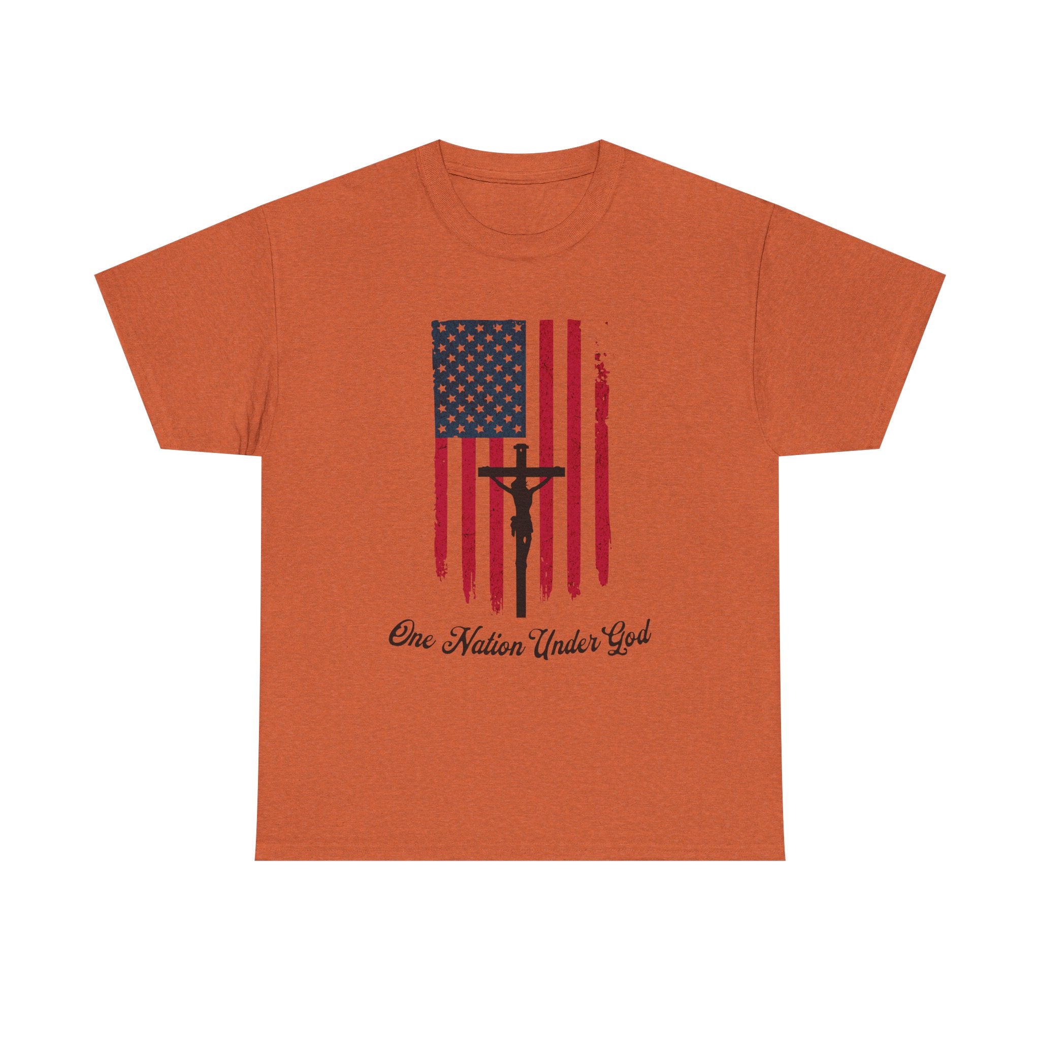 Orange t-shirt with American flag and crucifix design on a white background
