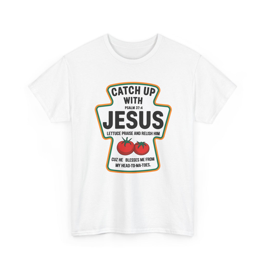 White t-shirt with a humorous graphic design featuring text and graphics on a white background