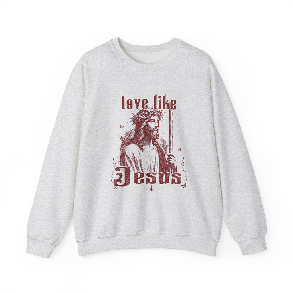 Gray sweatshirt with a graphic of Jesus and text 'love like Jesus' on a white background