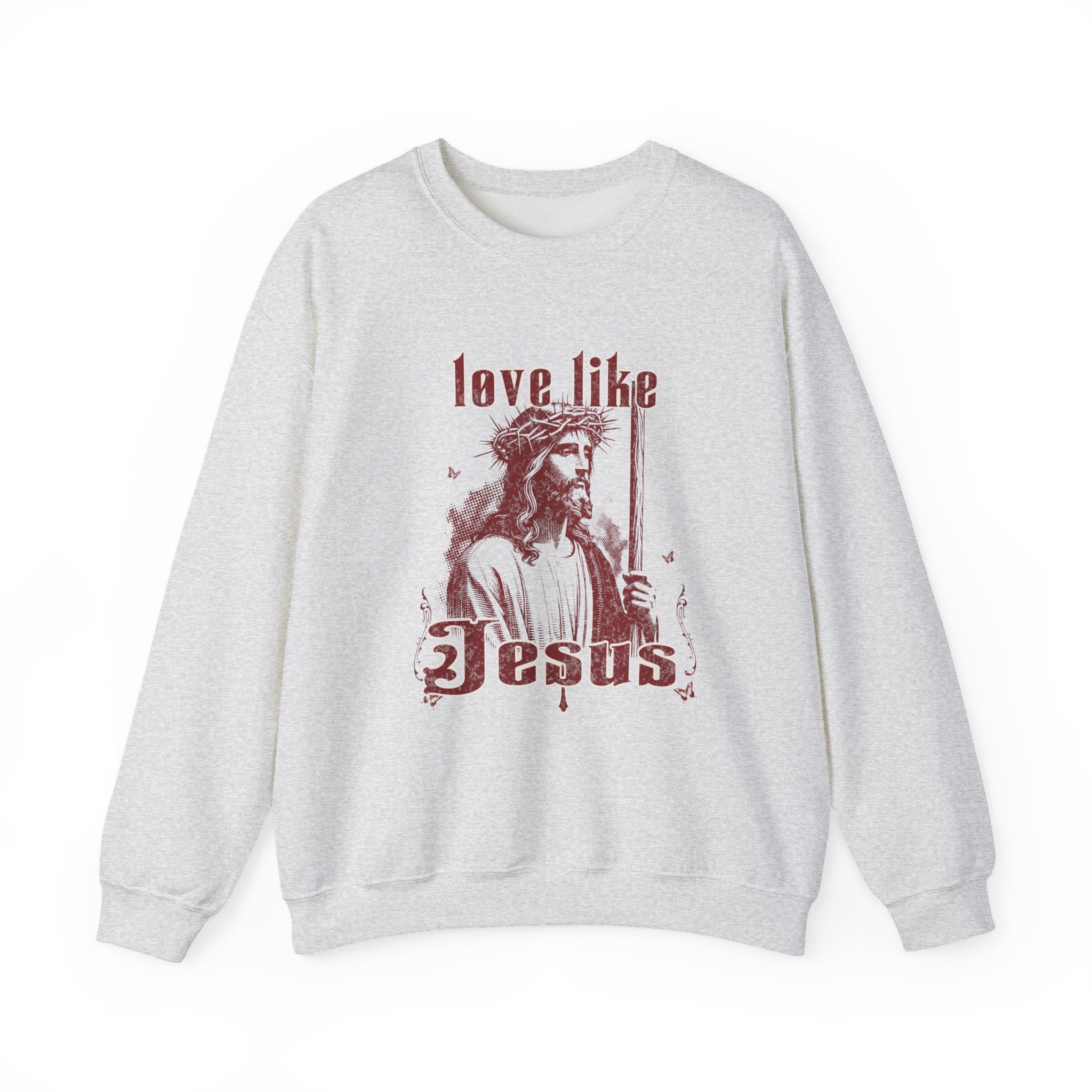 Gray sweatshirt with a graphic of Jesus and text 'love like Jesus' on a white background