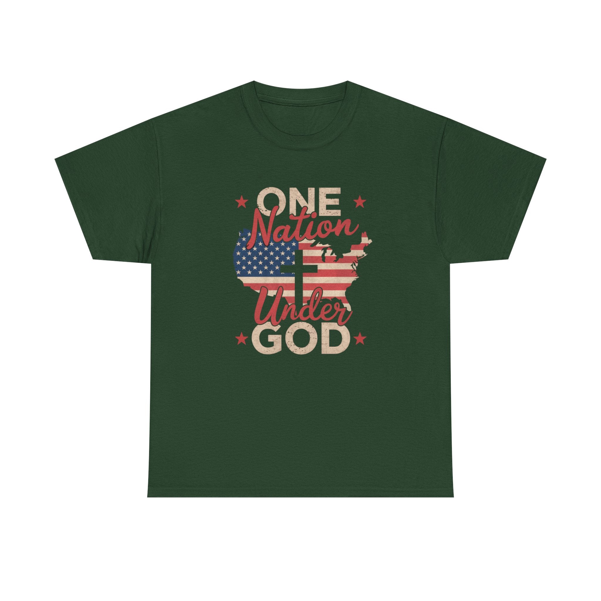 One Nation Under God shirt with USA map and cross design