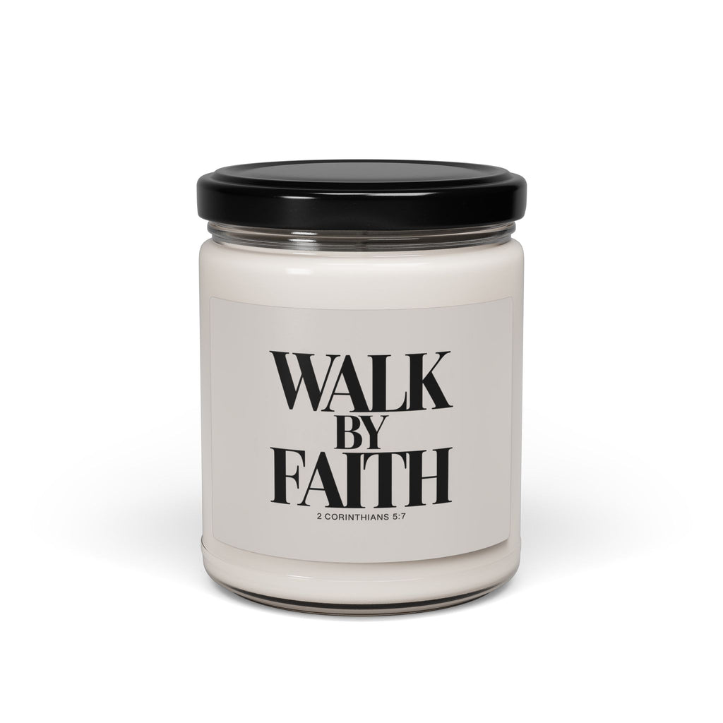 Candle jar with 'Walk by Faith' text on a white background