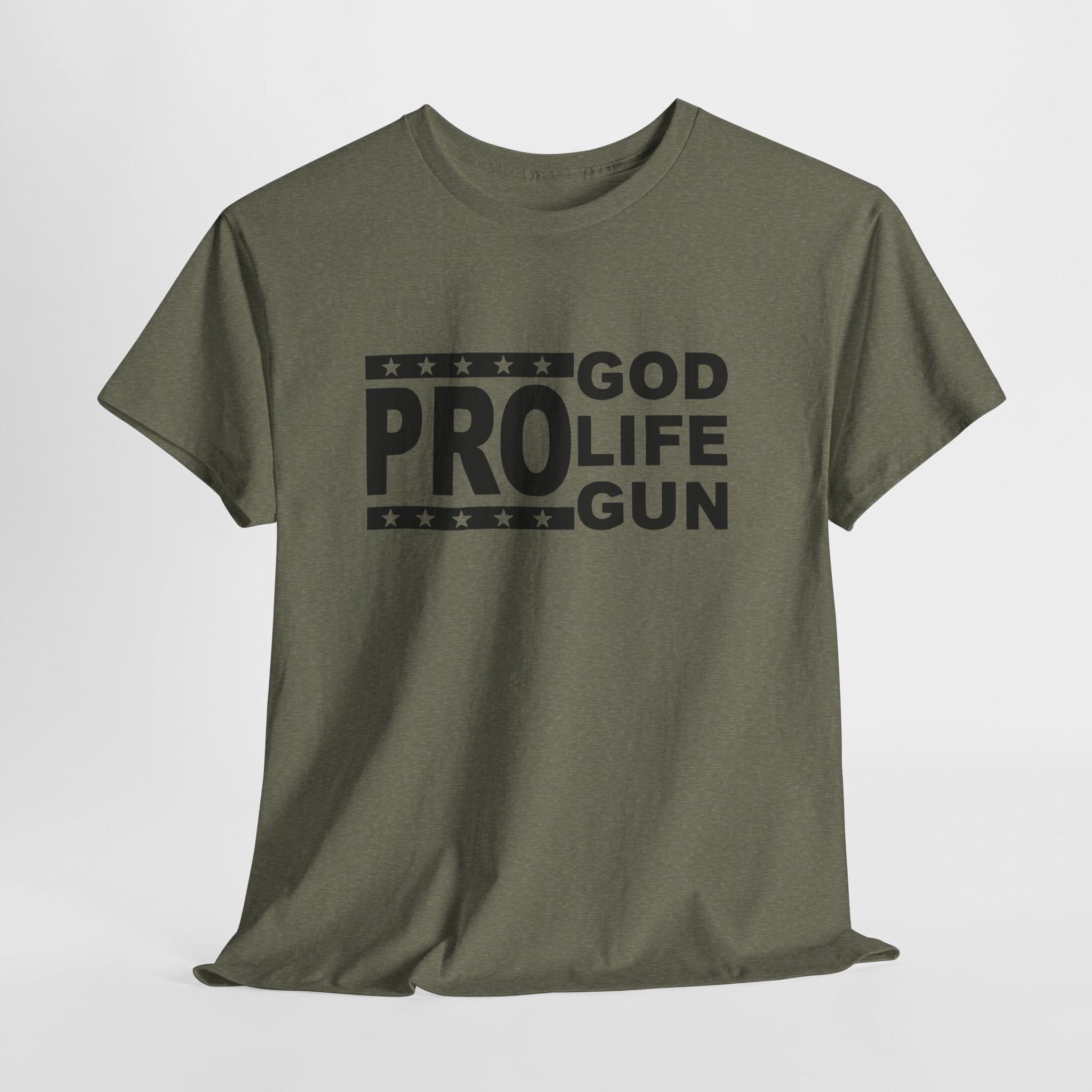 Green t-shirt with text 'PRO GOD LIFE GUN' on a white background