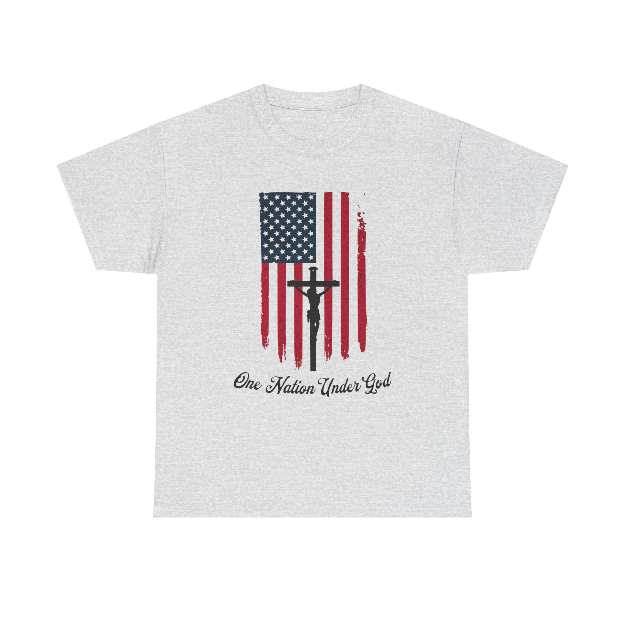 Gray t-shirt with American flag and 'One Nation Under God' text on a white background