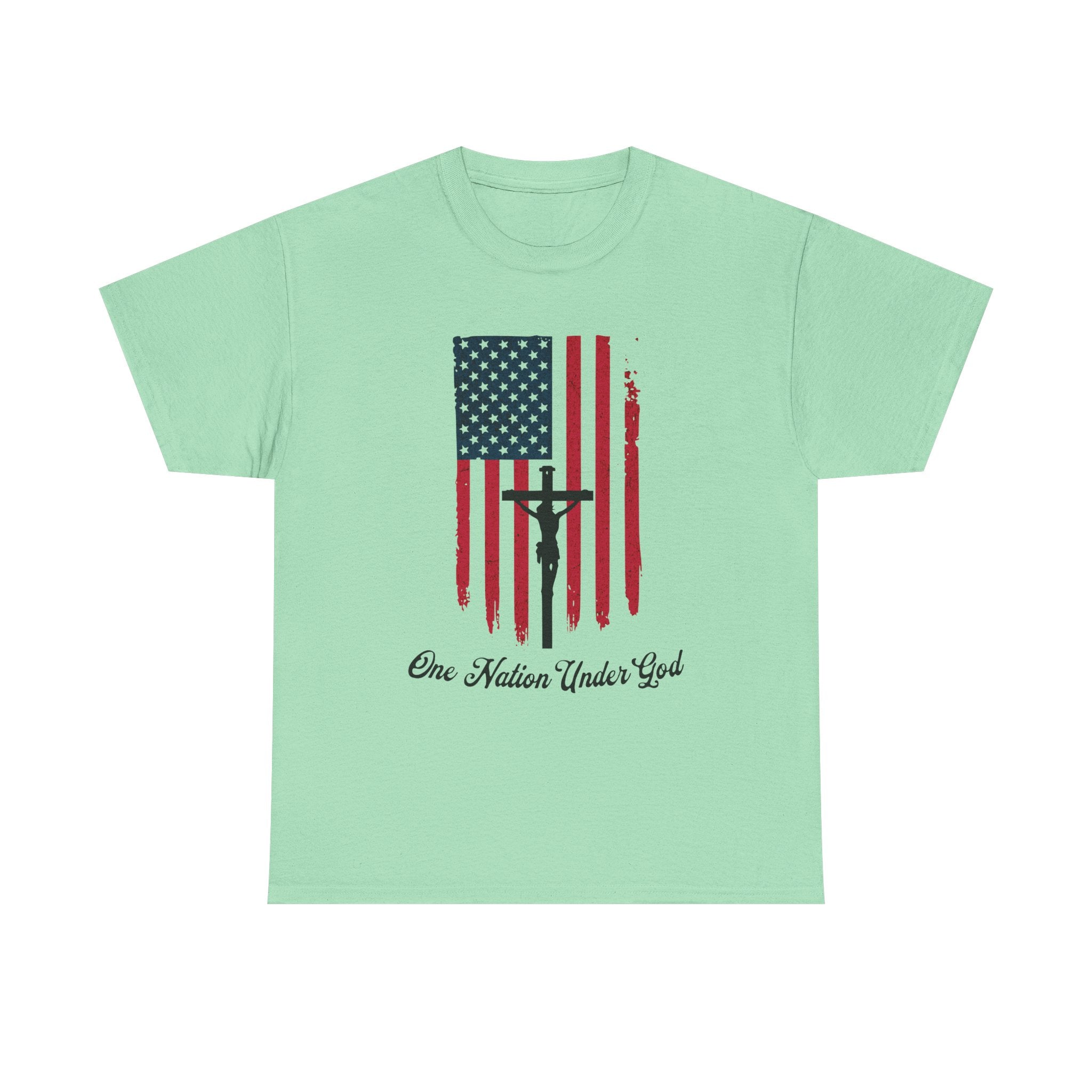 Light green t-shirt with American flag and 'One Nation Under God' text on a white background