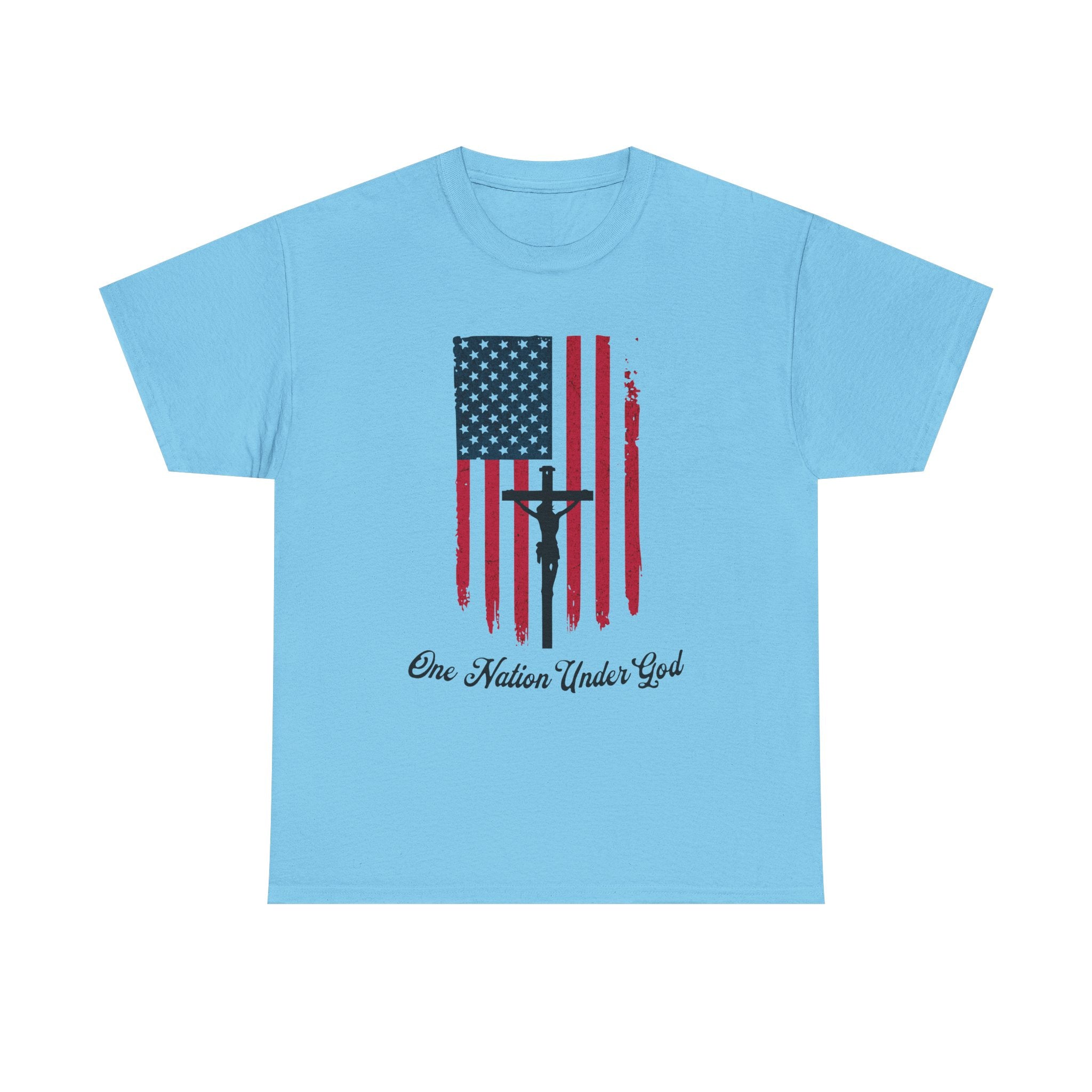 Light blue t-shirt with American flag and 'One Nation Under God' text on a white background