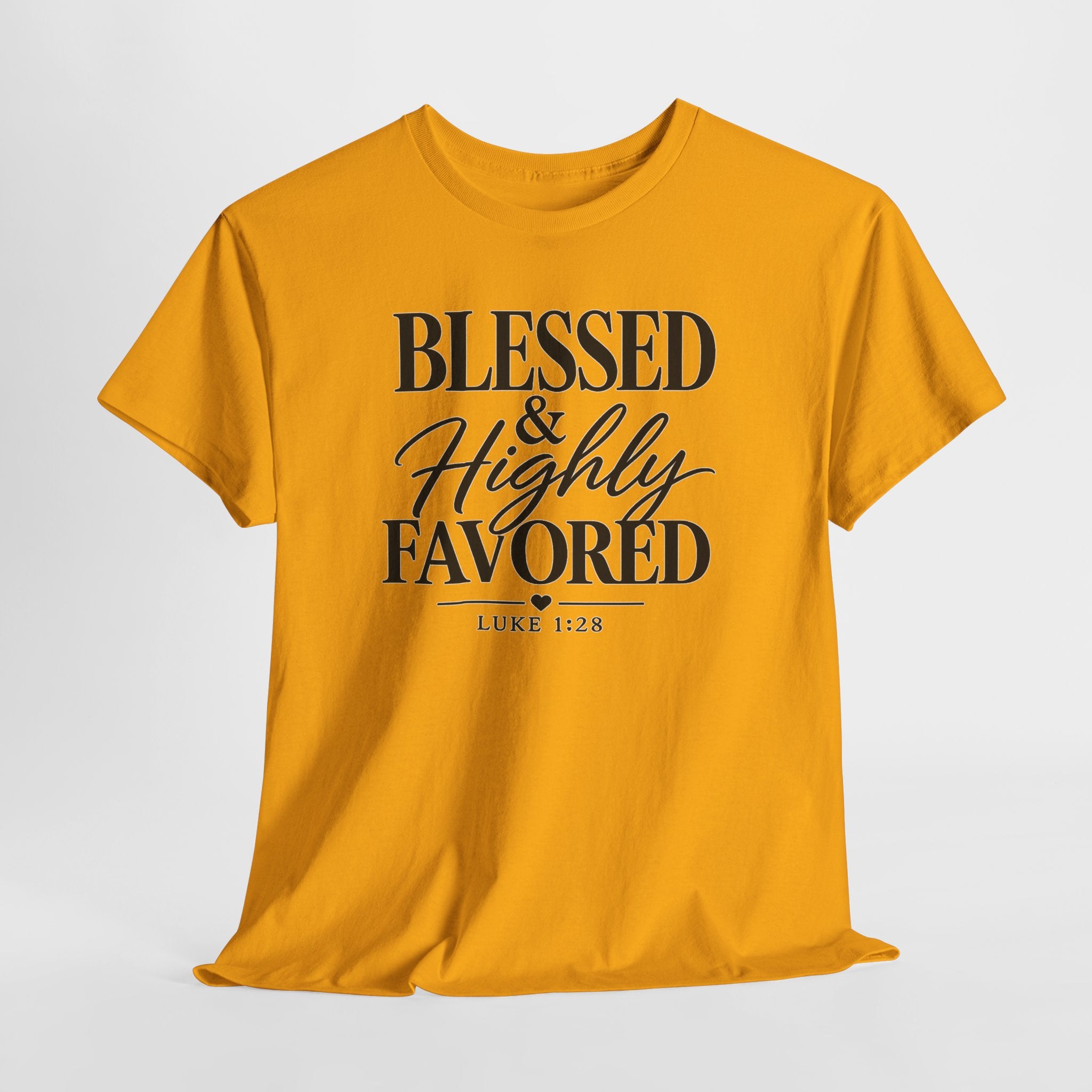 Yellow t-shirt with 'Blessed & Highly Favored' text on a white background