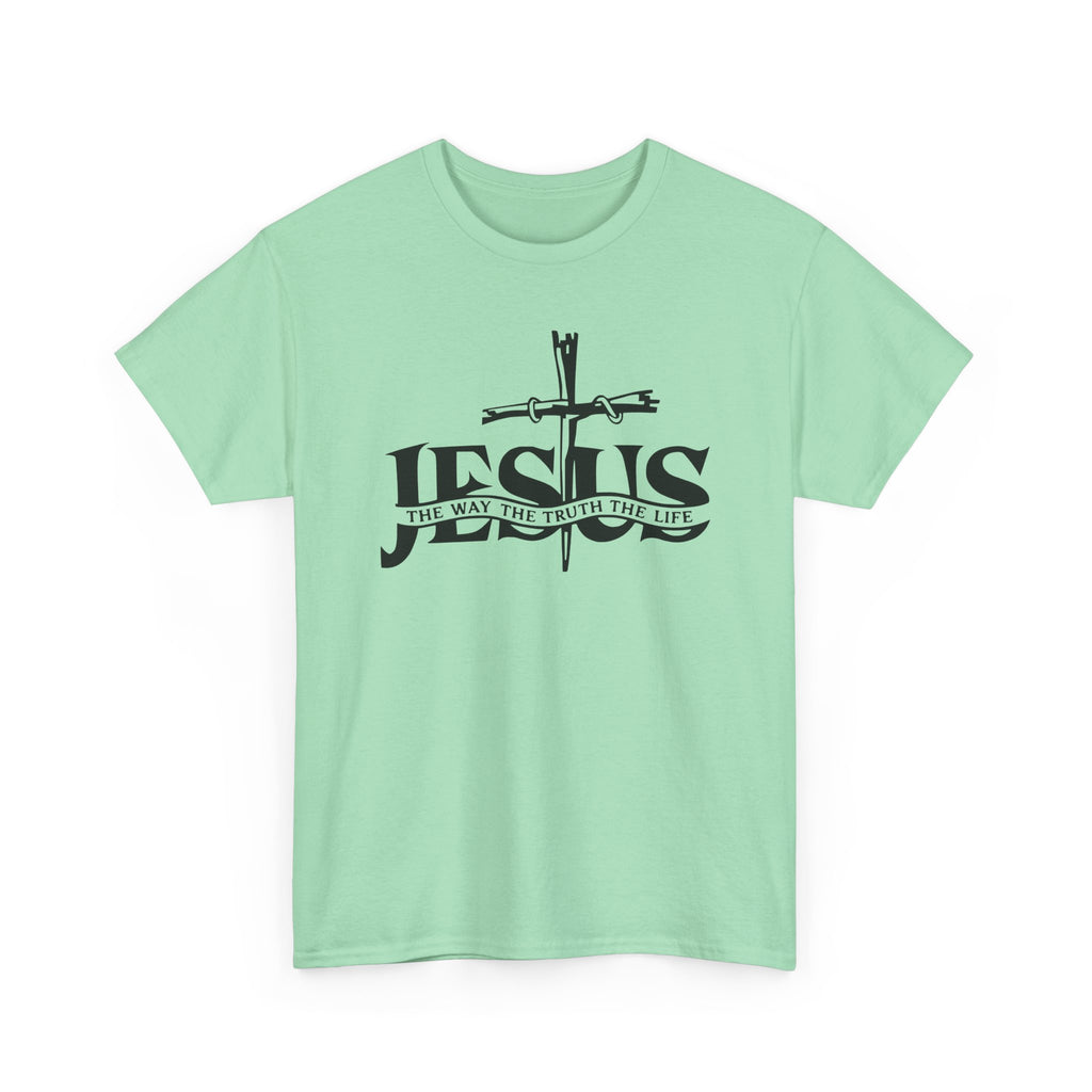 Mint green t-shirt with black 'Jesus' text and cross design on a white background