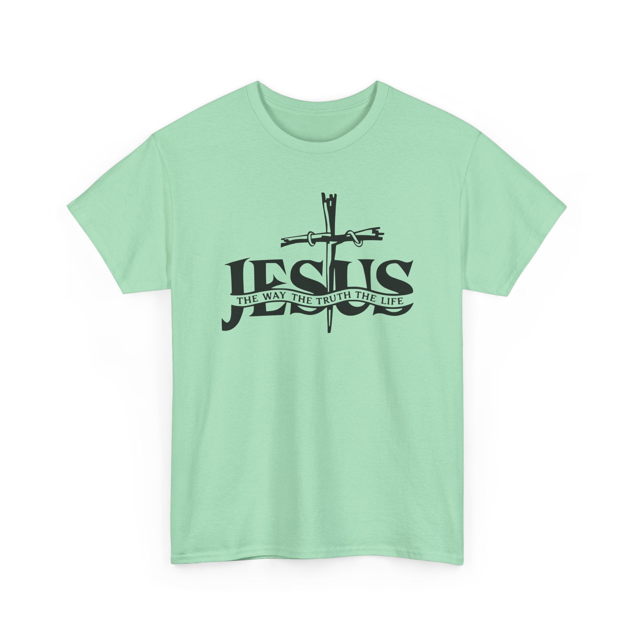 Mint green t-shirt with black 'Jesus' text and cross design on a white background