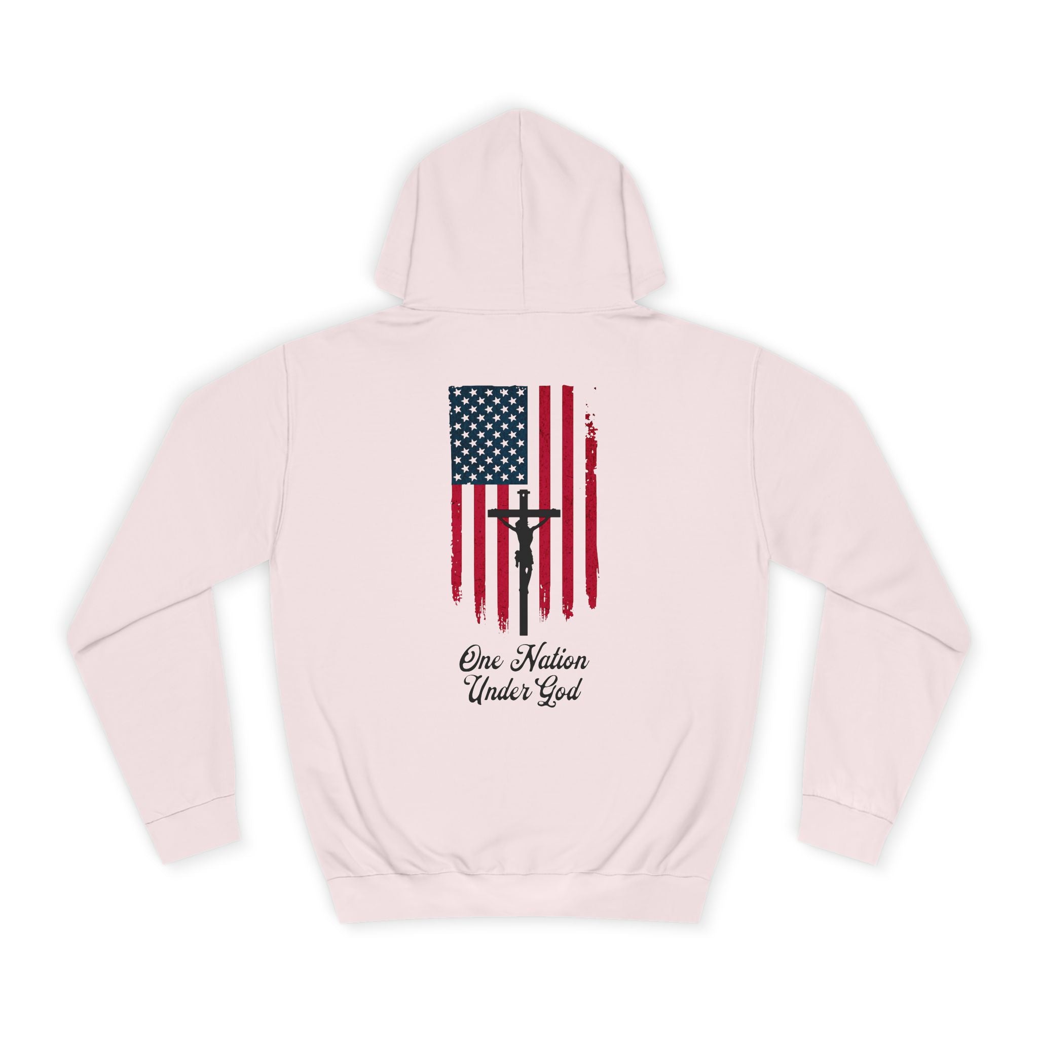 Pink hoodie with American flag and 'One Nation Under God' text on a white background