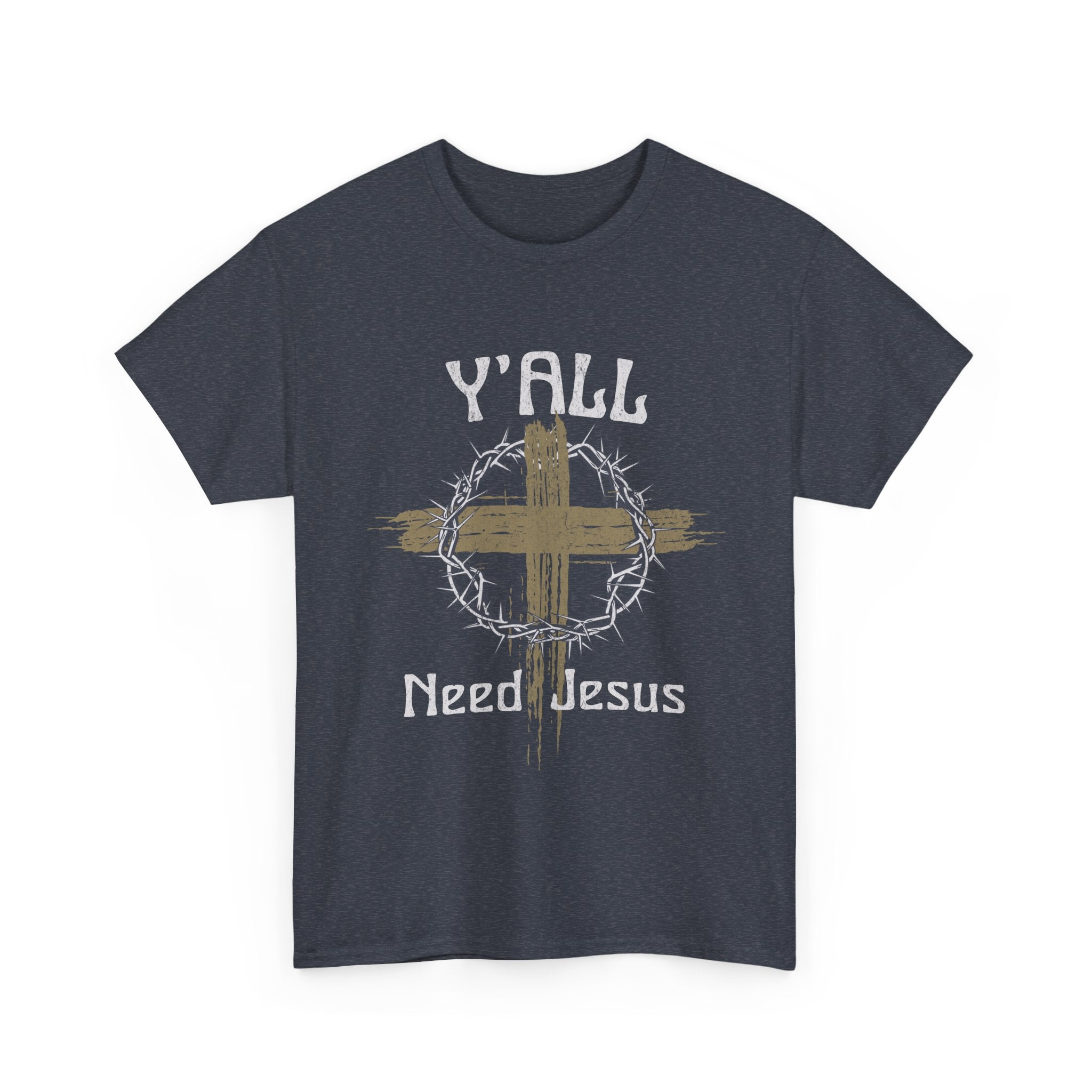 Navy blue t-shirt with a cross and 'Y'all Need Jesus' text on a white background