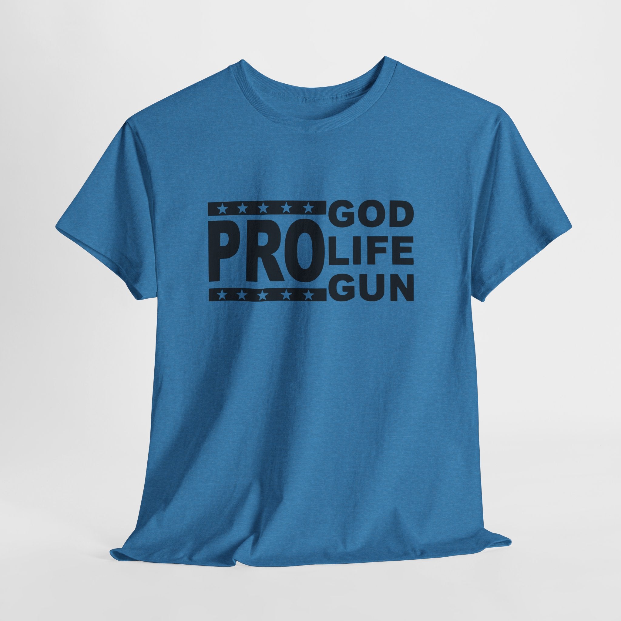 Blue t-shirt with black text 'PRO GOD LIFE GUN' on a white background