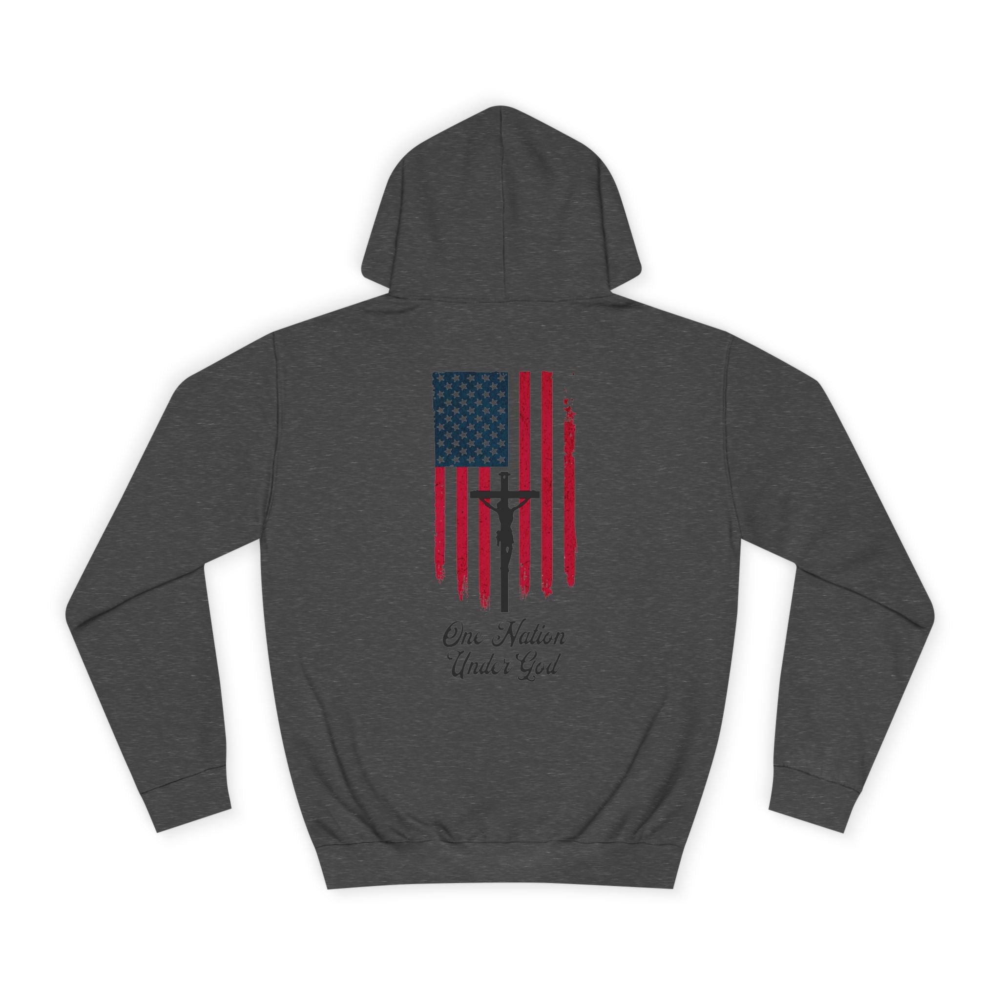 Dark gray hoodie with American flag and text design on the back against a white background