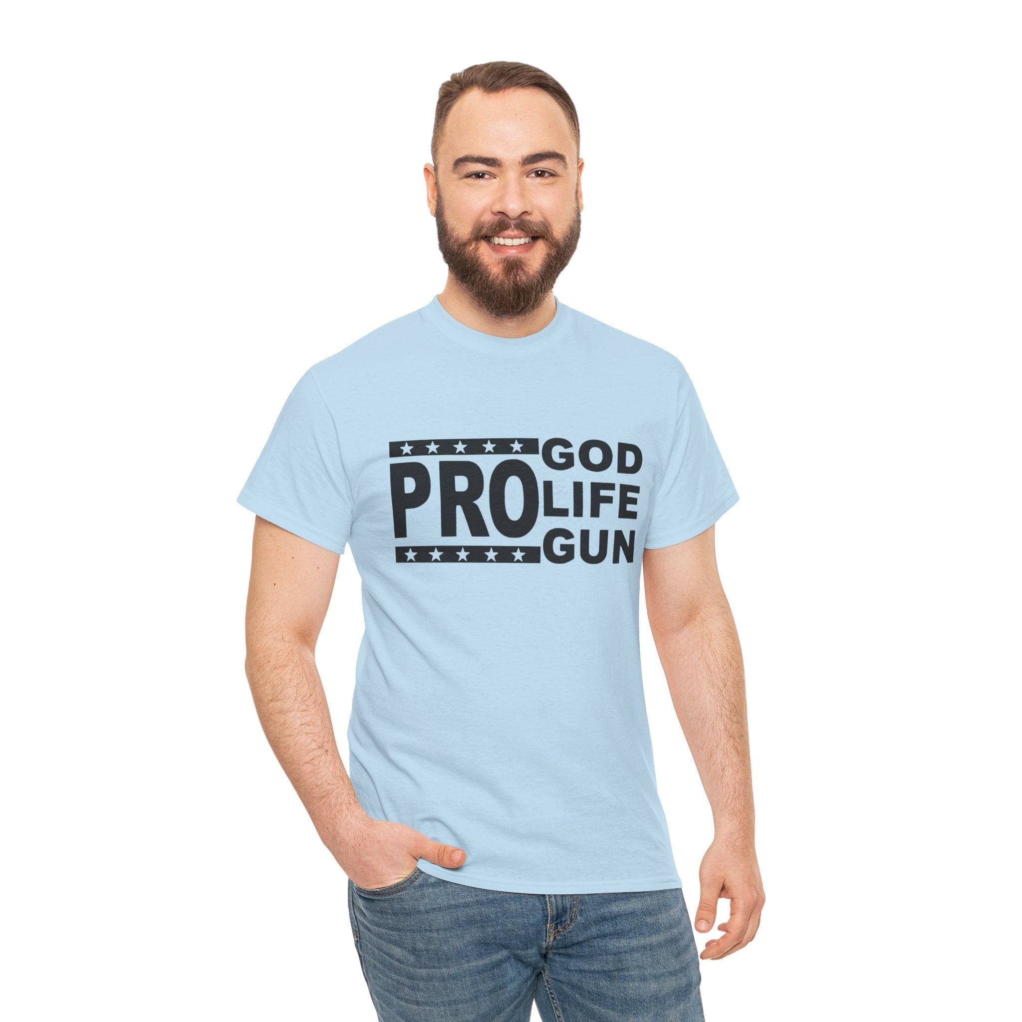 Man wearing a light blue t-shirt with 'GOD PRO LIFE GUN' text on a white background