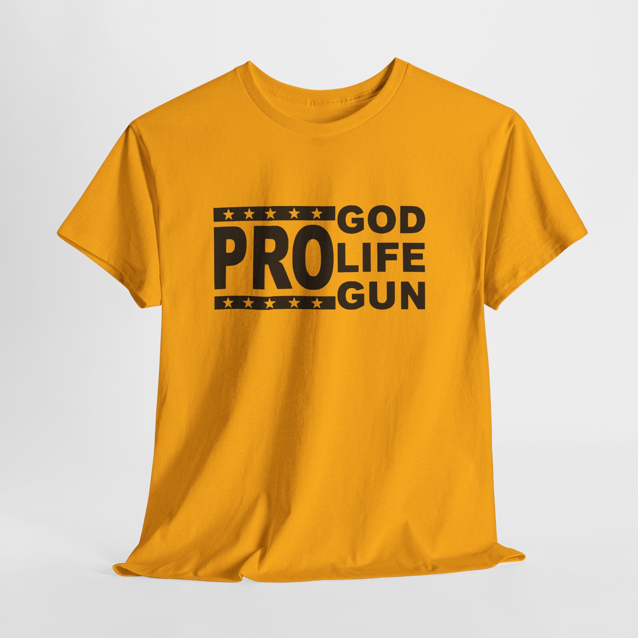 Yellow t-shirt with black text 'PRO GOD LIFE GUN' on a white background
