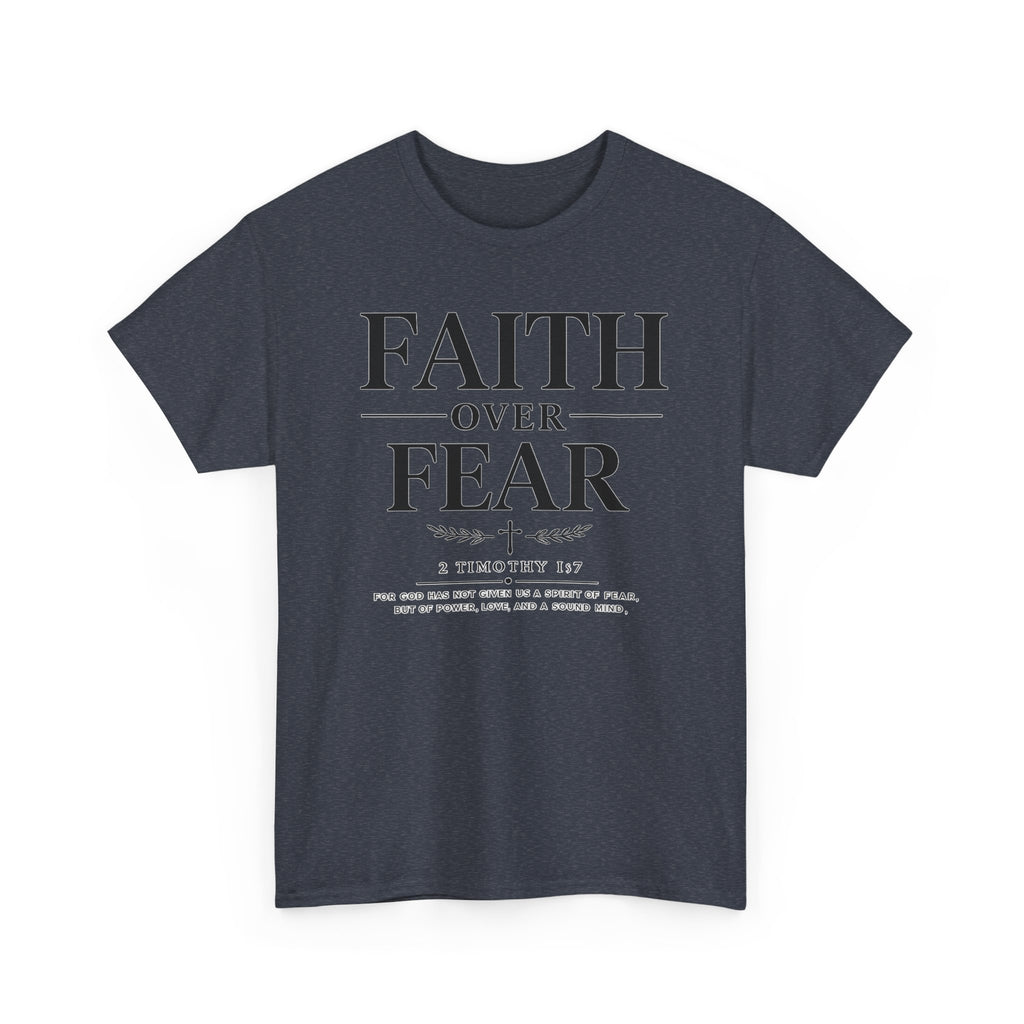Navy blue t-shirt with 'Faith Over Fear' text on a white background
