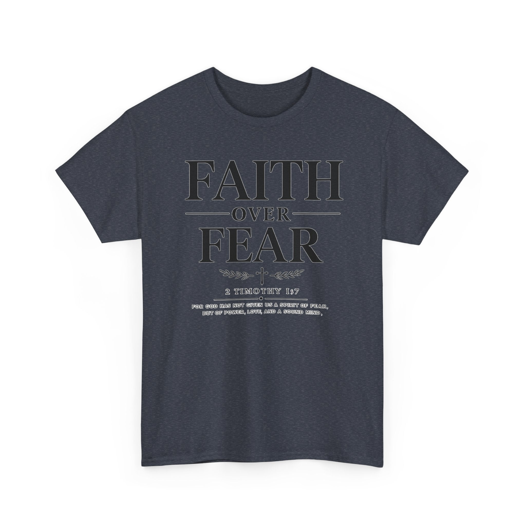 Navy blue t-shirt with 'Faith Over Fear' text on a white background