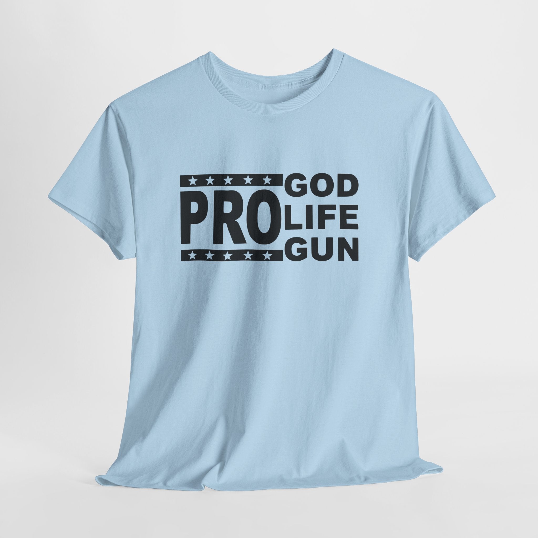 Light blue t-shirt with black text 'GOD PRO LIFE GUN' on a light gray background