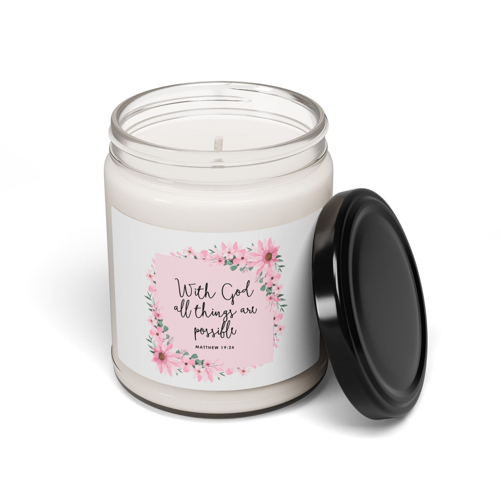 floral Christian candle in clear jar
