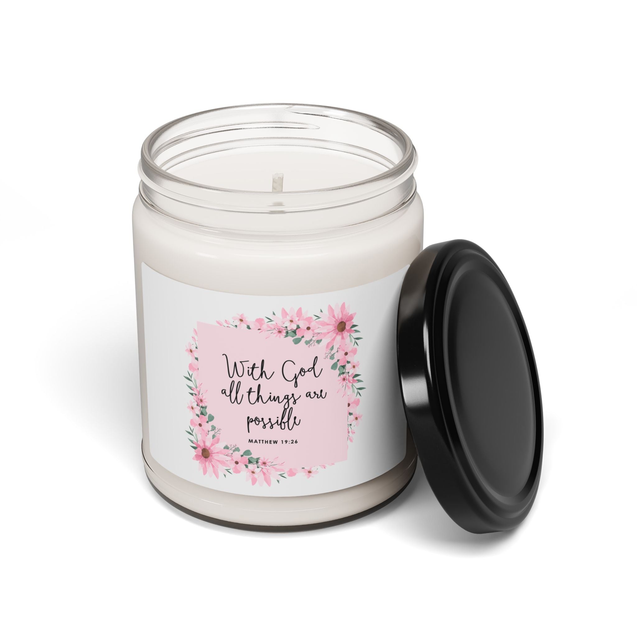 floral Christian candle in clear jar
