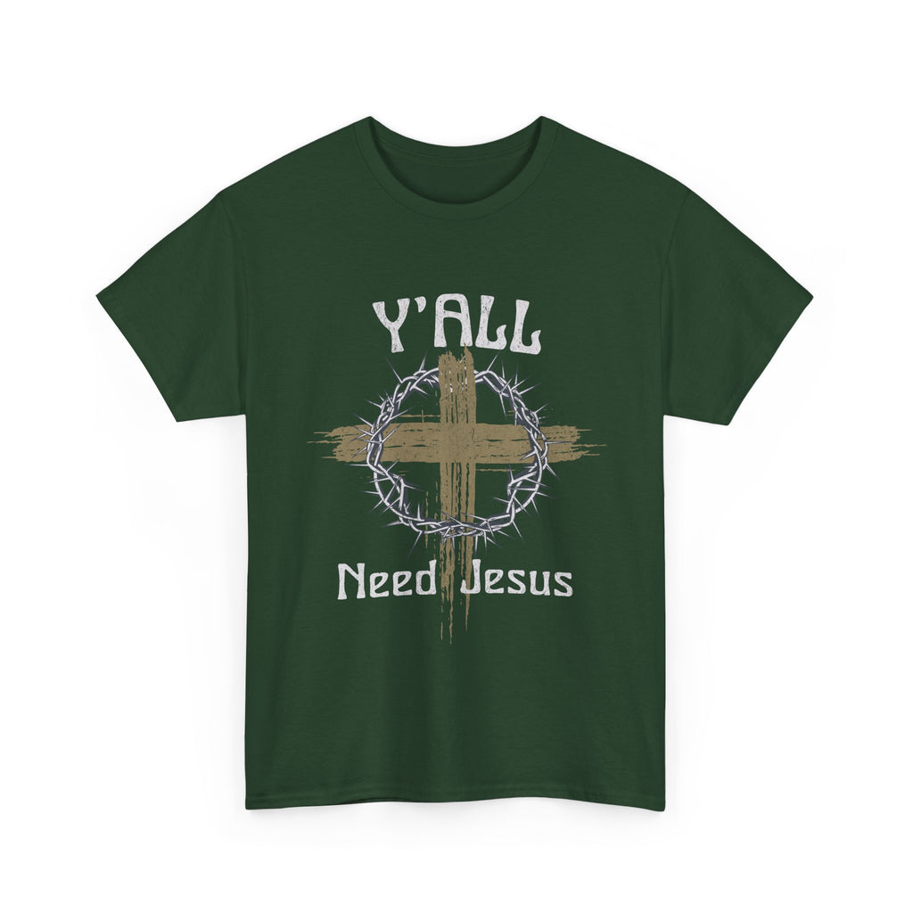 Green t-shirt with a cross and 'Y'all Need Jesus' text on a white background