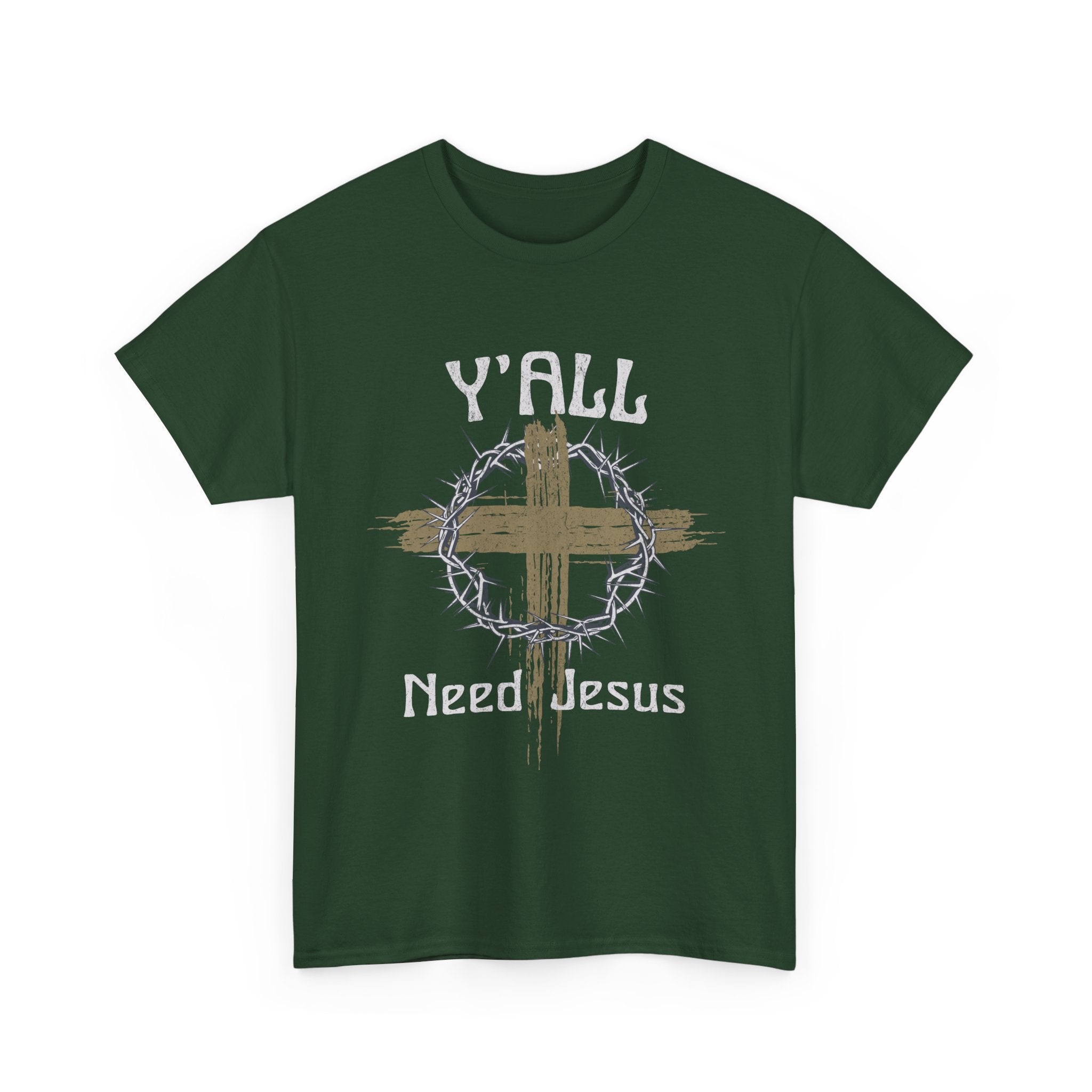 Green t-shirt with a cross and 'Y'all Need Jesus' text on a white background