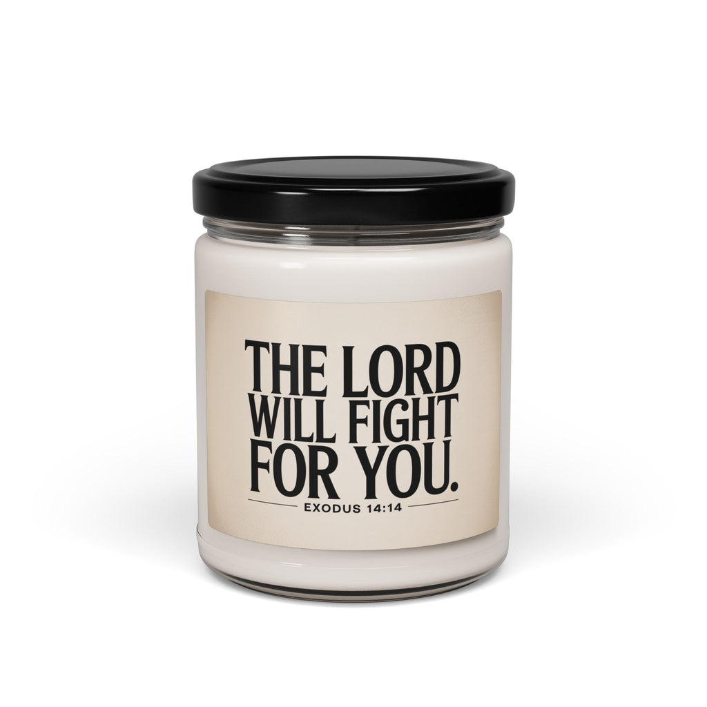 christian soy wax candle with black lid
