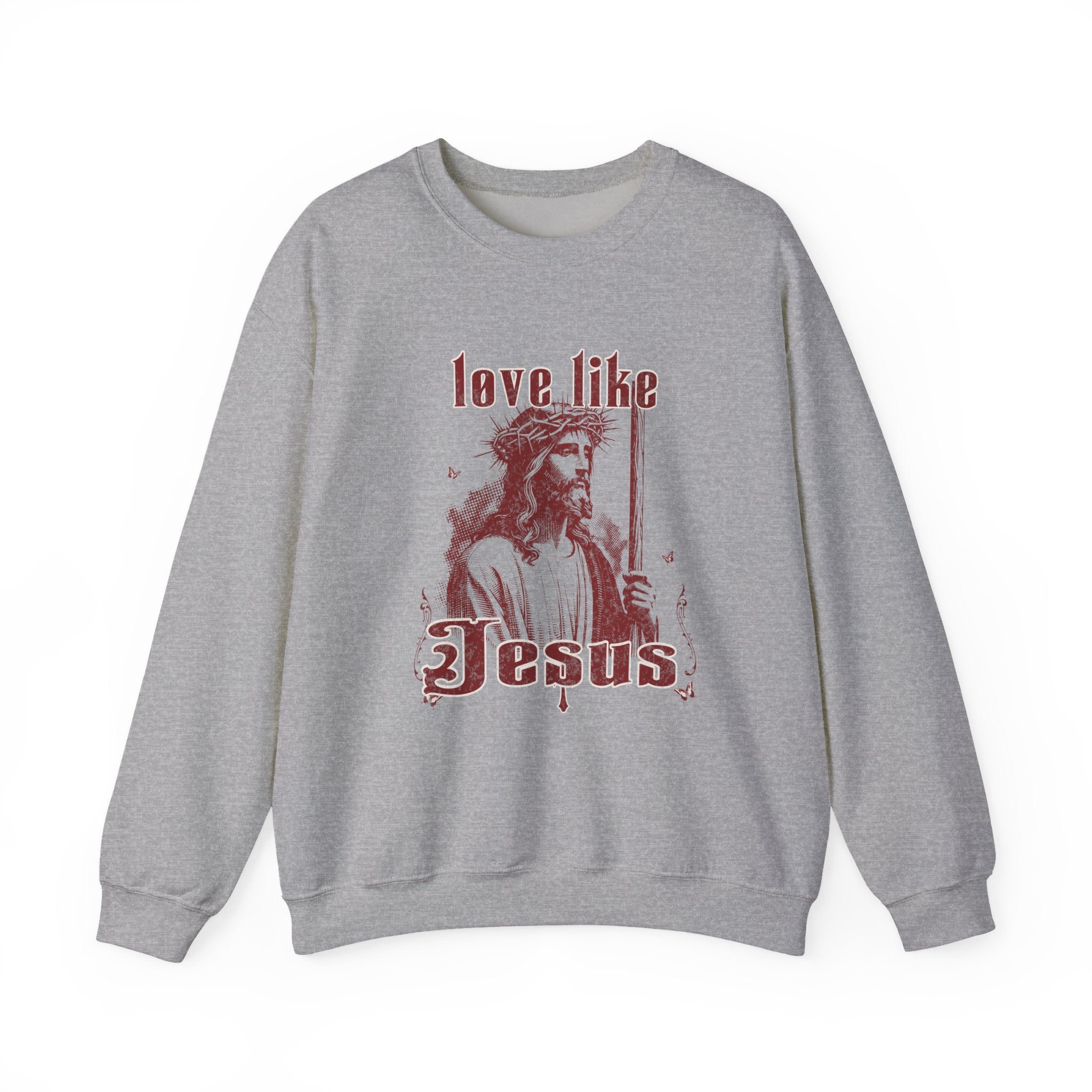Gray sweatshirt with a graphic of Jesus and text 'love like Jesus' on a white background