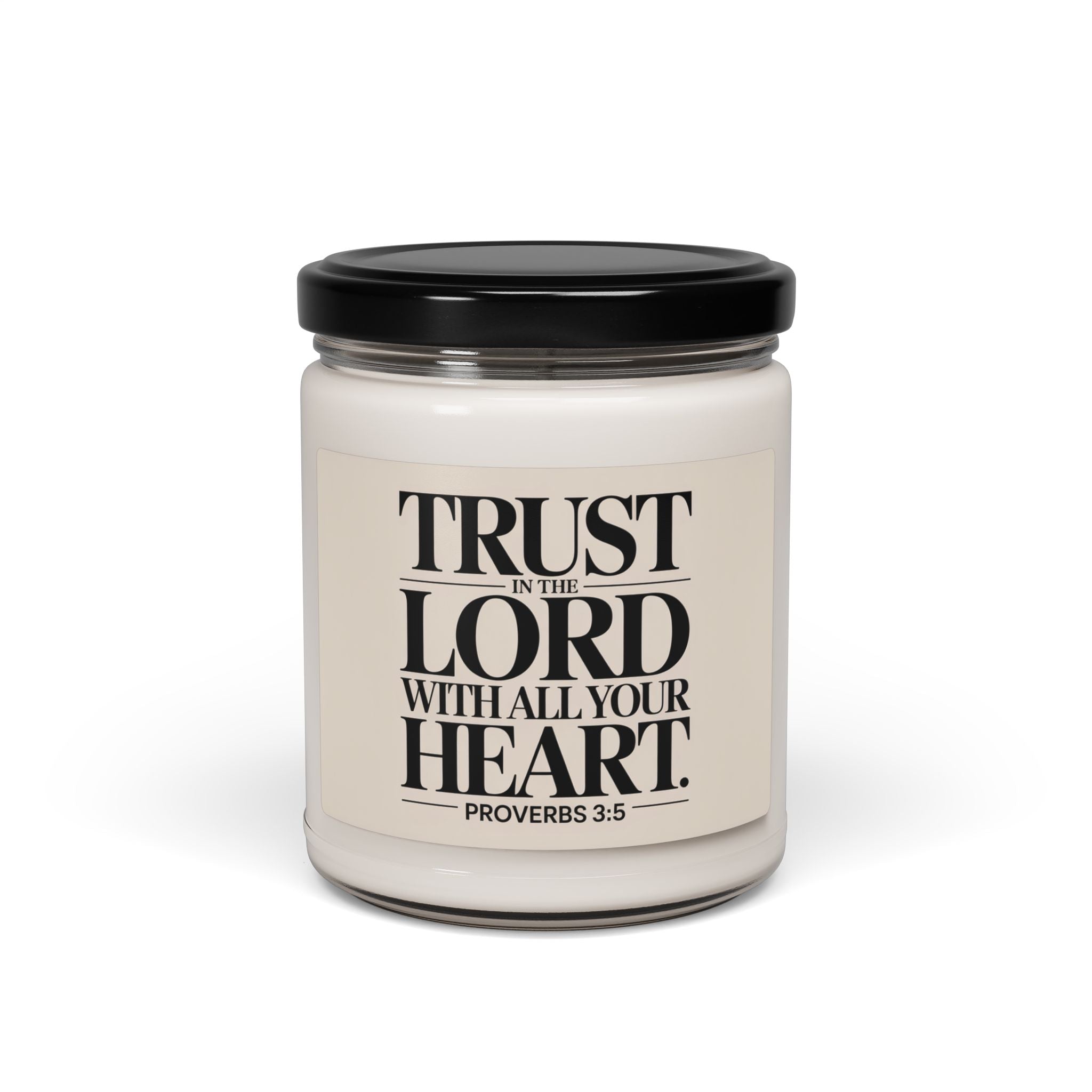 Candle jar with 'Trust in the Lord with all your heart' text on a white background
