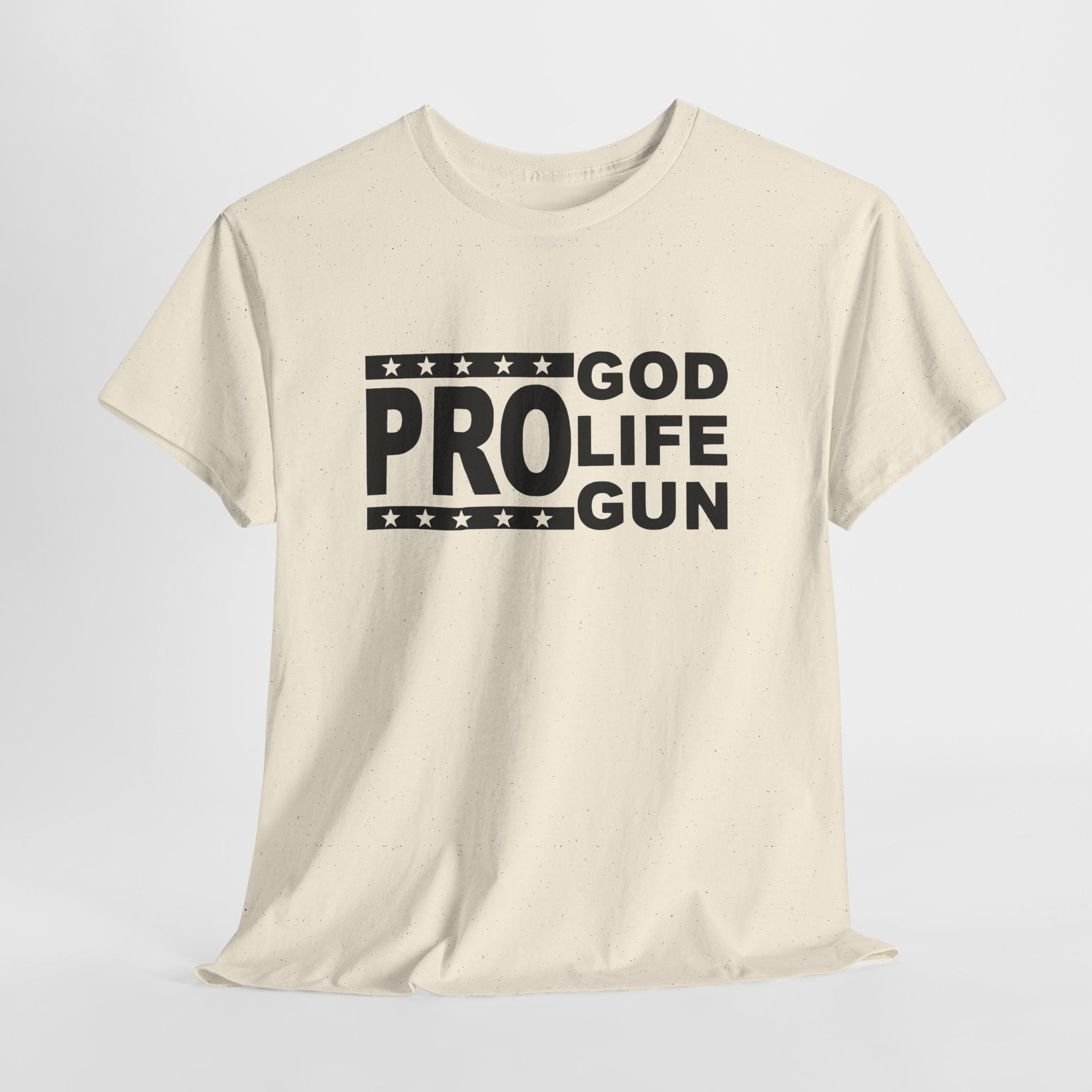 Beige t-shirt with black text 'GOD PRO LIFE GUN' on a white background
