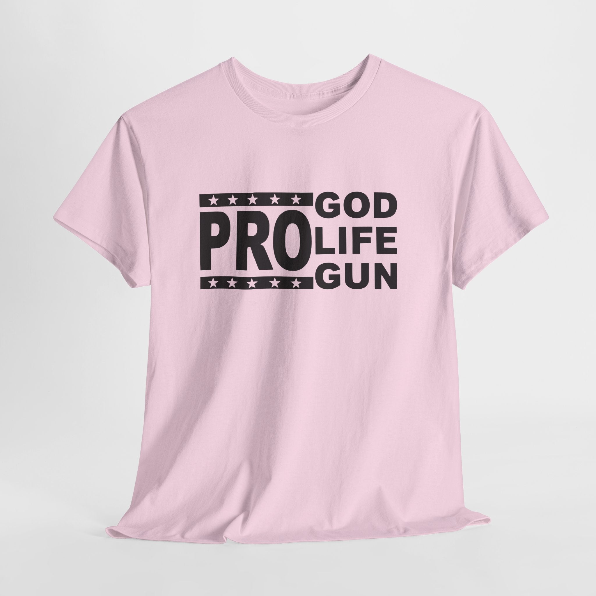 Pink t-shirt with 'GOD PRO LIFE GUN' text on a white background