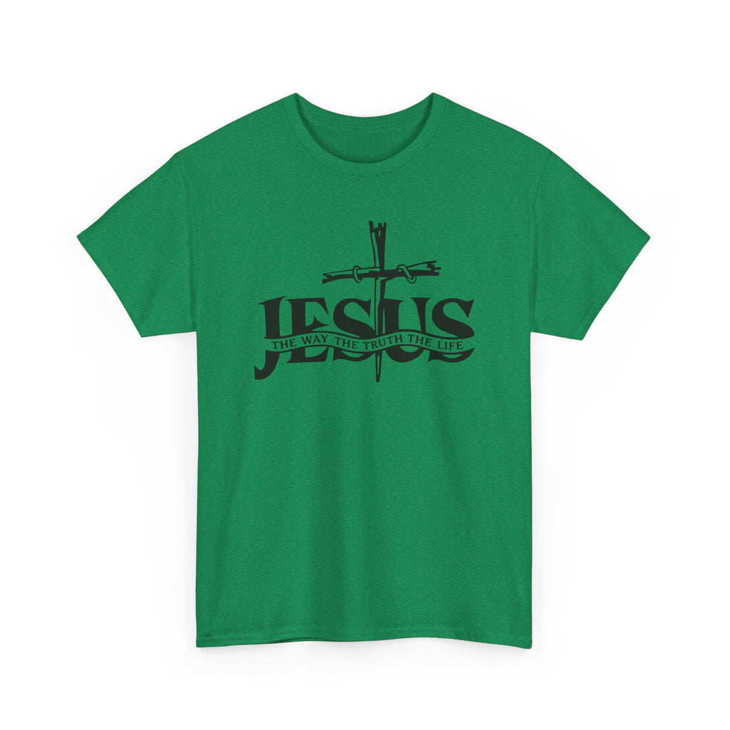 Green t-shirt with black cross and 'Jesus' text on a white background