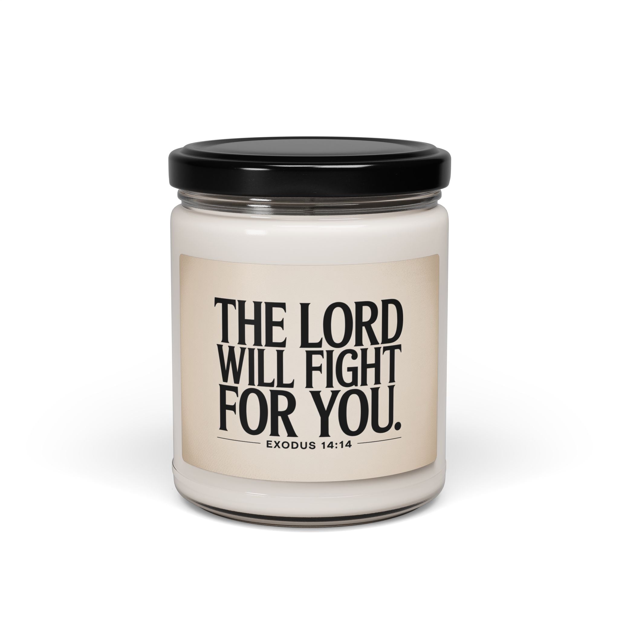 Candle jar with a black lid and motivational label on a white background