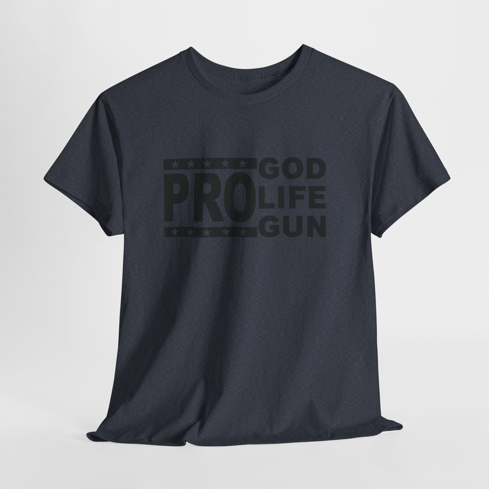 Black t-shirt with green text on a light gray background