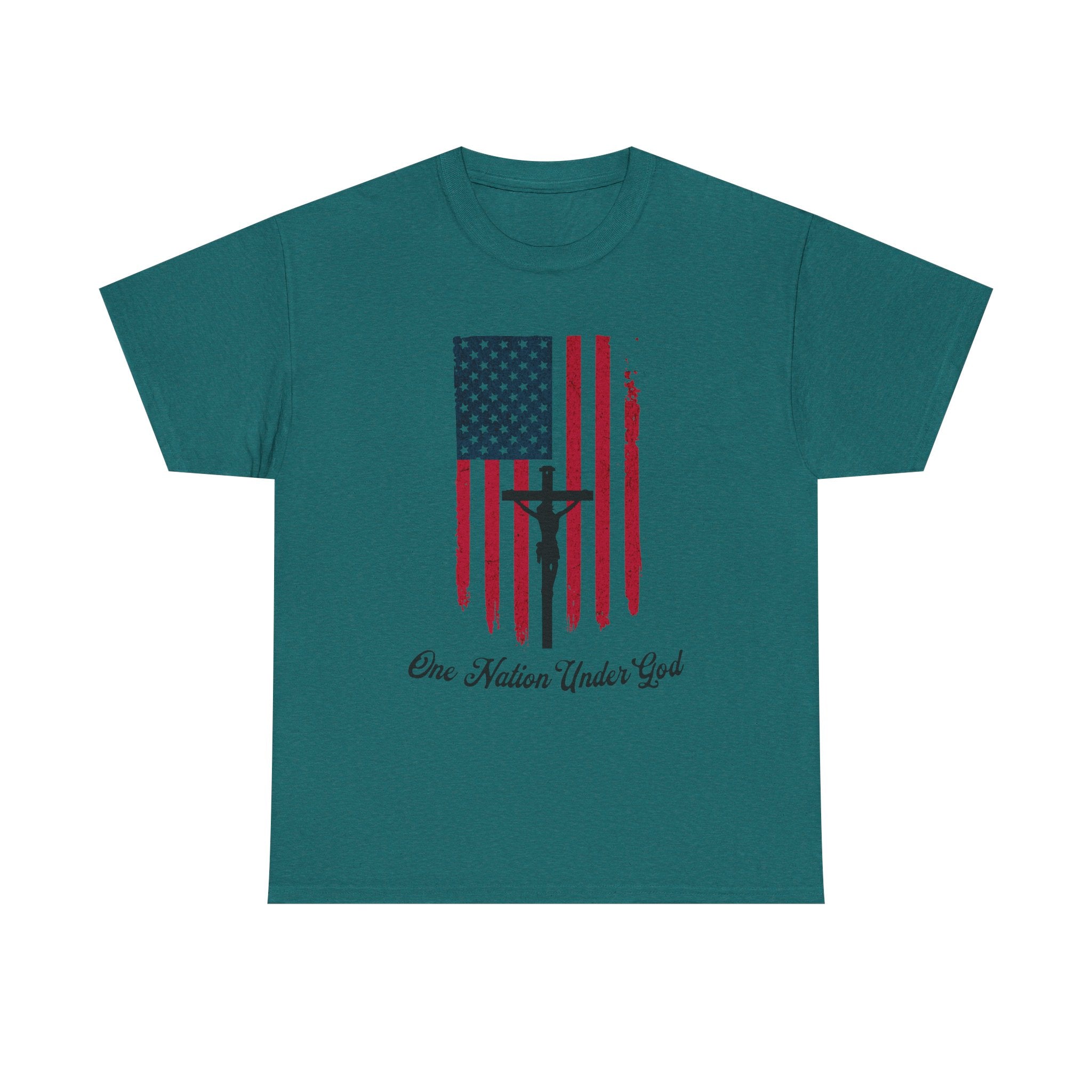 Teal t-shirt with American flag and crucifixion design on a white background