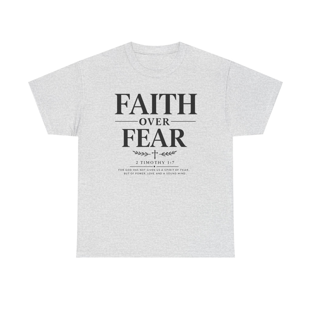 Gray t-shirt with 'Faith Over Fear' text on a white background